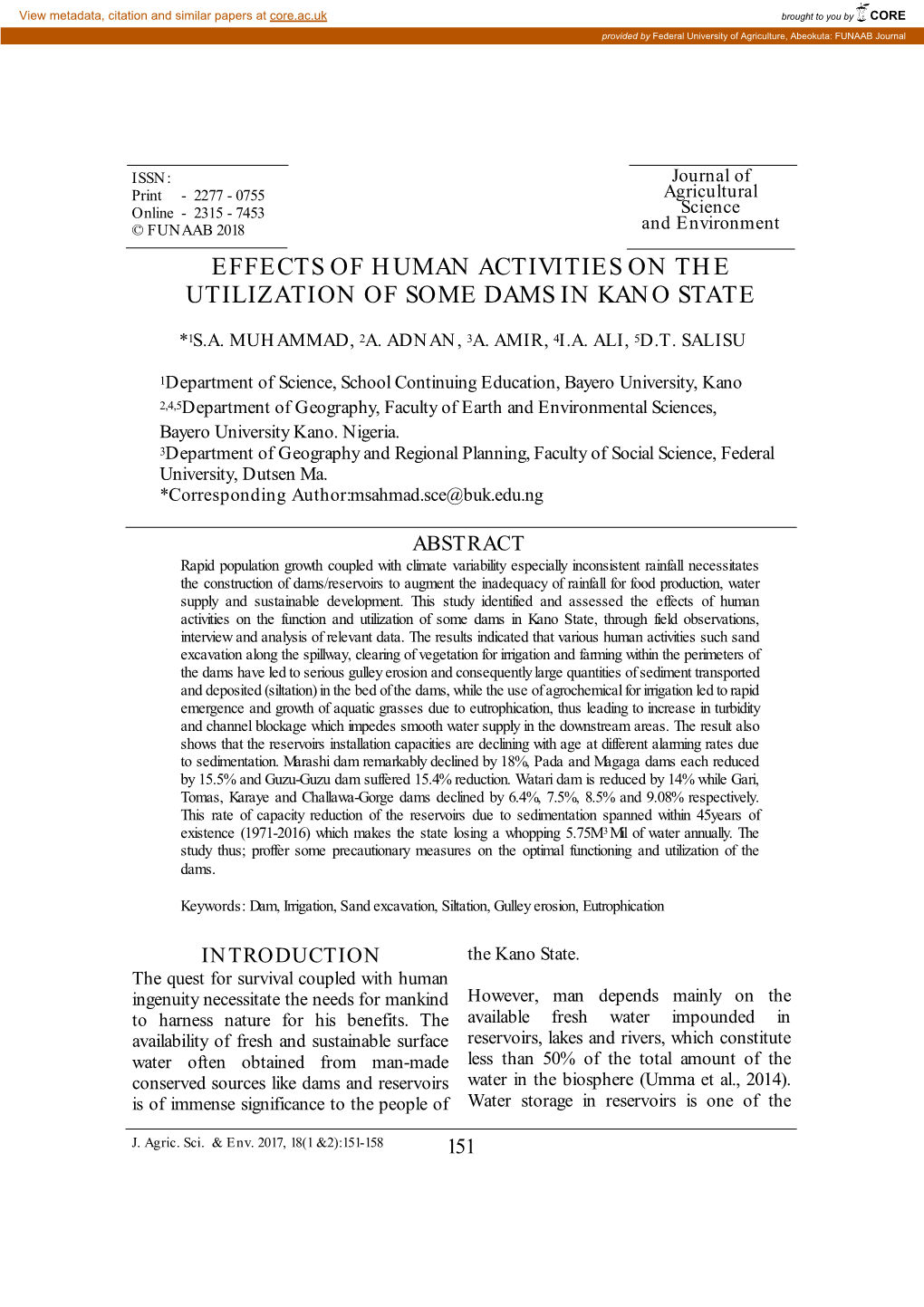 Effects of Human Activities on the Utilization of Some Dams in Kano State