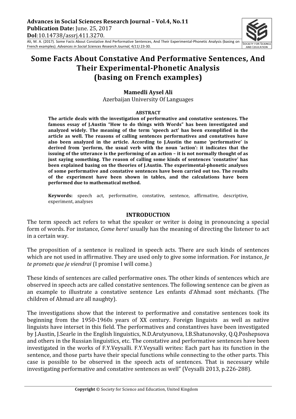 Some Facts About Constative and Performative Sentences, and Their Experimental-Phonetic Analysis (Basing on French Examples)