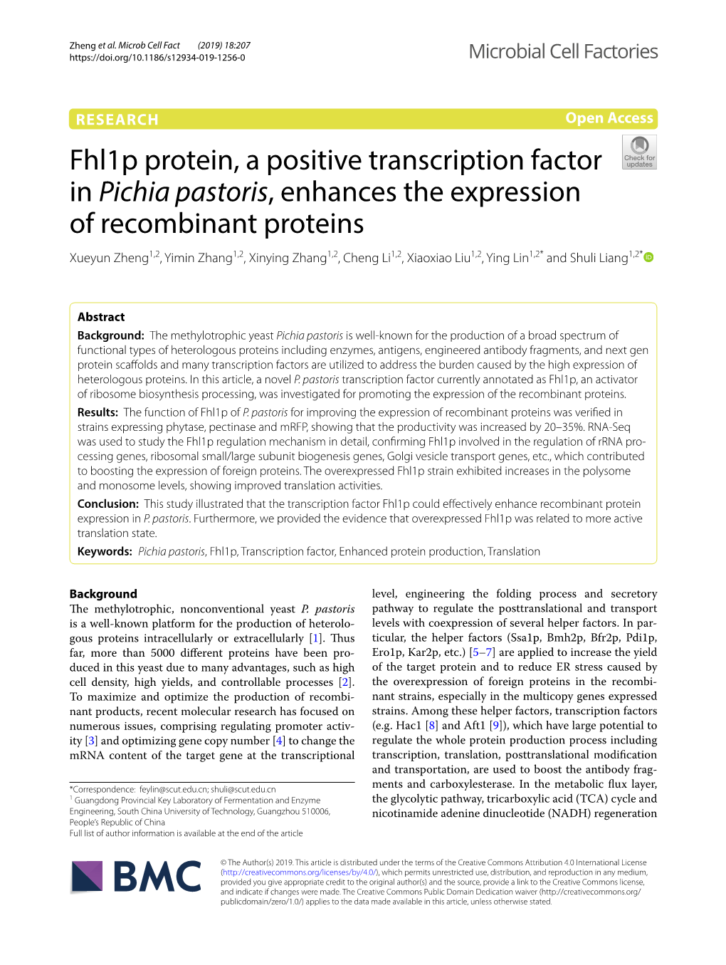 Fhl1p Protein, a Positive Transcription Factor in Pichia Pastoris, Enhances