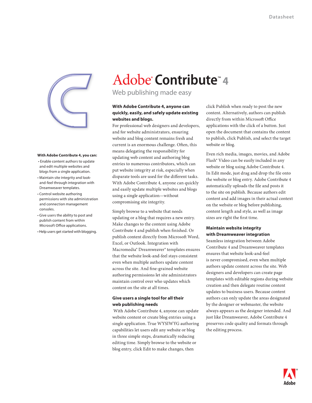Adobe® Contribute™ 4 Web Publishing Made Easy