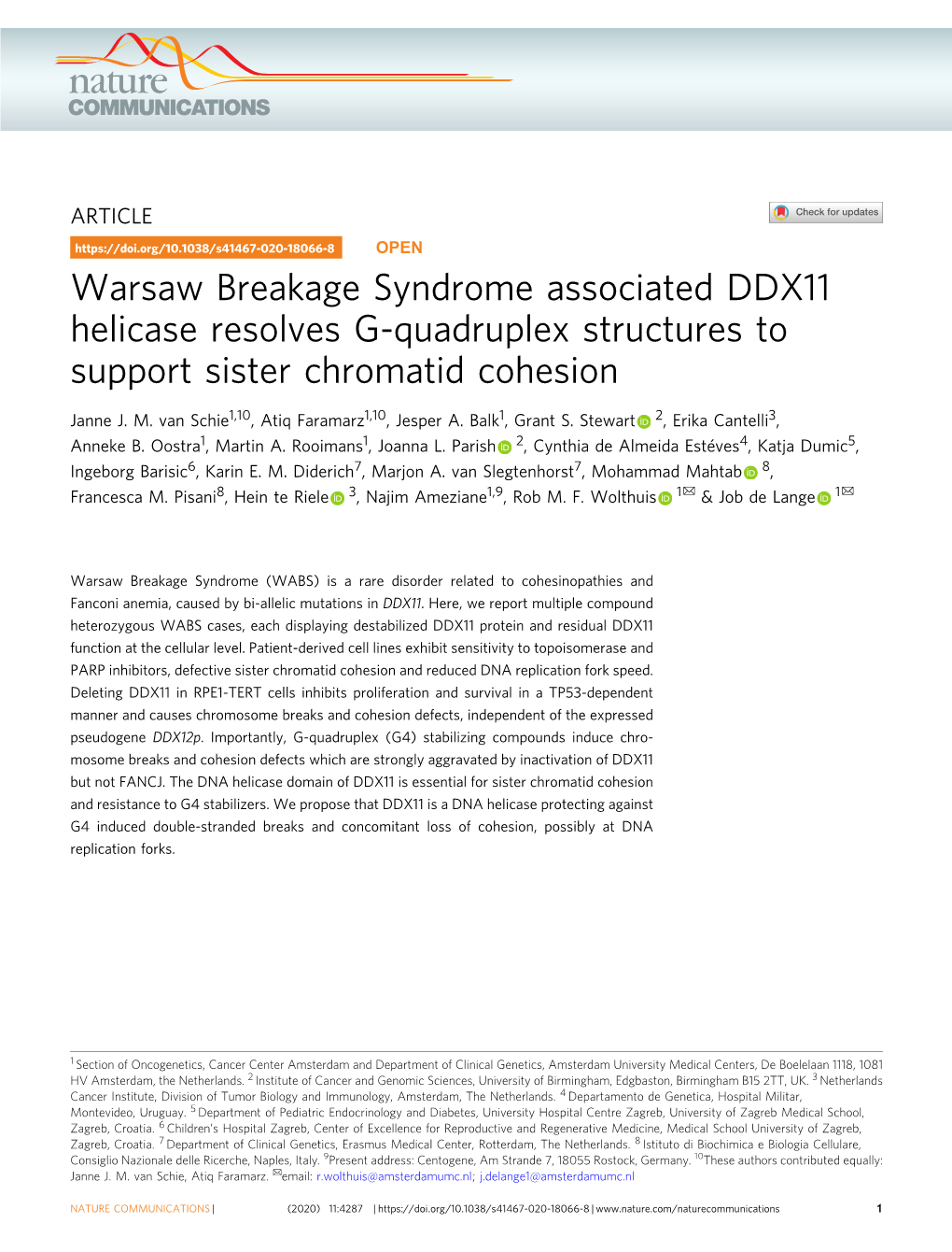 Warsaw Breakage Syndrome Associated DDX11 Helicase Resolves G-Quadruplex Structures to Support Sister Chromatid Cohesion