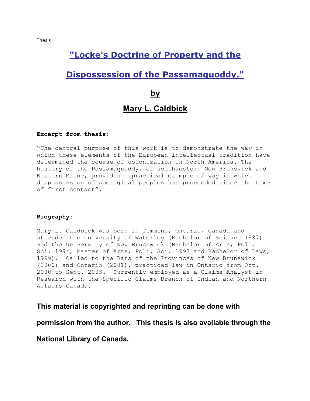 Locke's Doctrine of Property and the Disposession of the Passamaquoddy