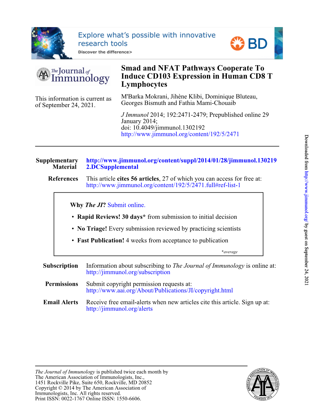 Smad and NFAT Pathways Cooperate to Induce CD103 Expression in Human CD8 T Lymphocytes