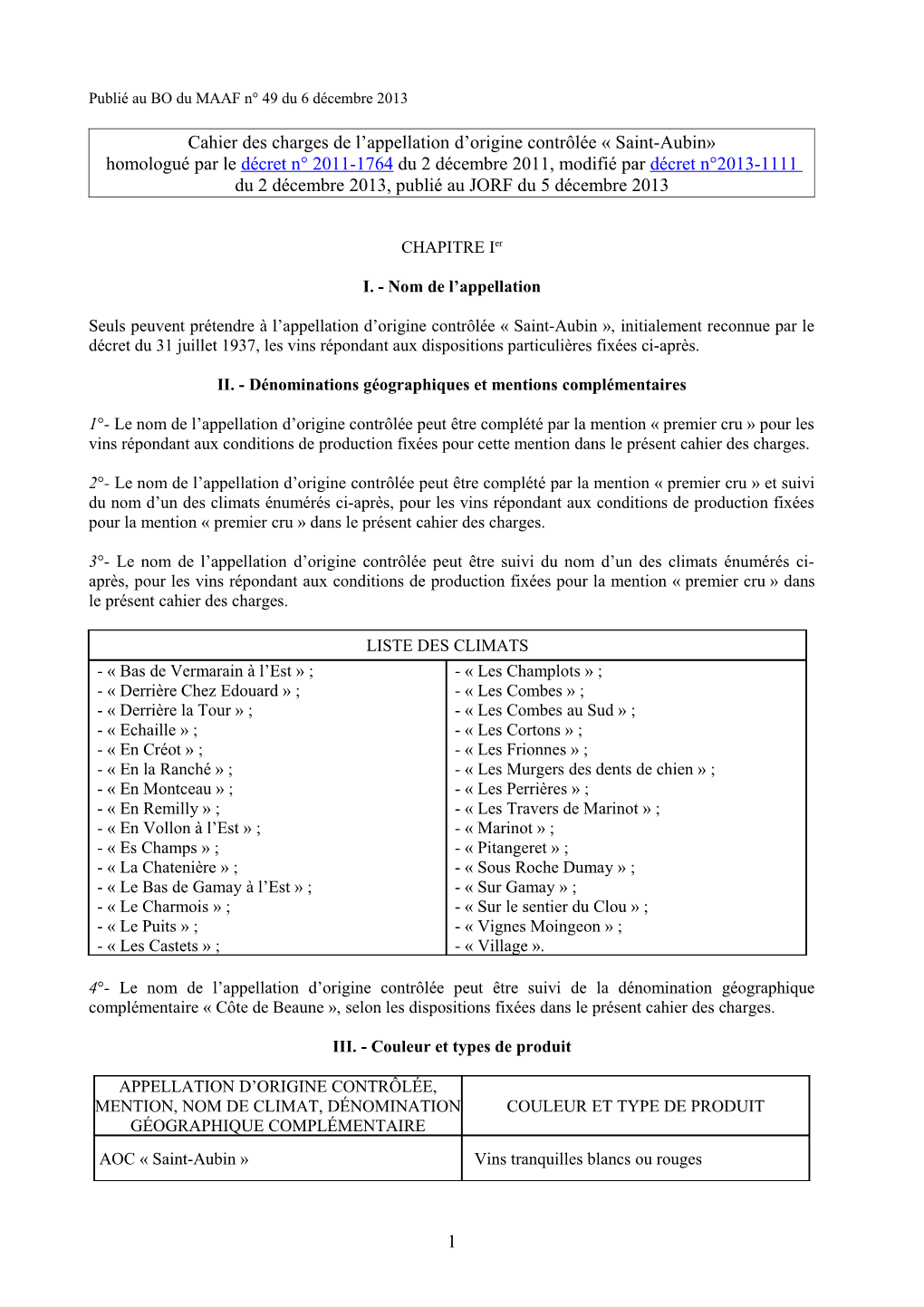 Cahier Des Charges De L'appellation D'origine Contrôlée « Saint-Aubin