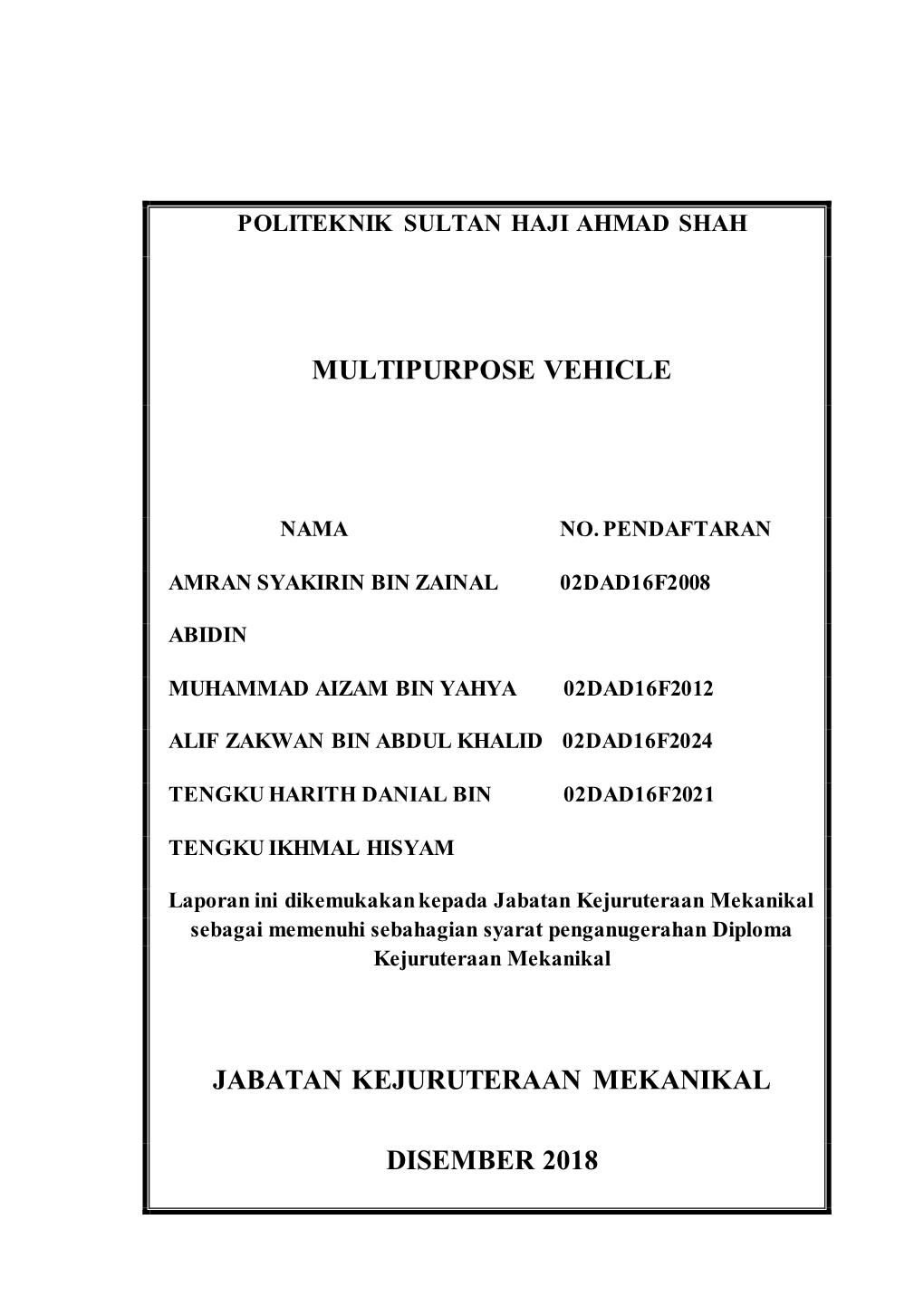 Multipurpose Vehicle Jabatan Kejuruteraan Mekanikal