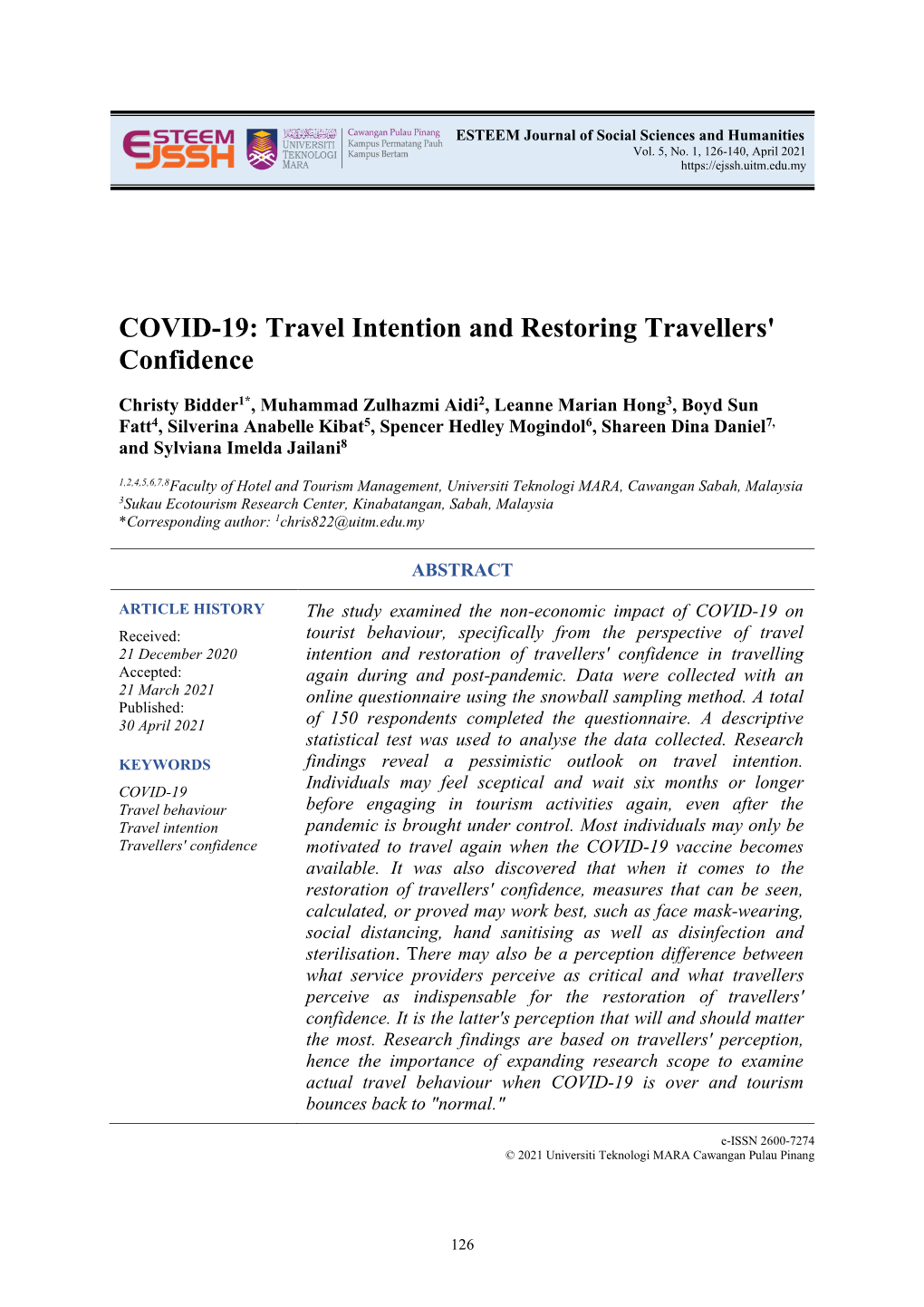 COVID-19: Travel Intention and Restoring Travellers' Confidence