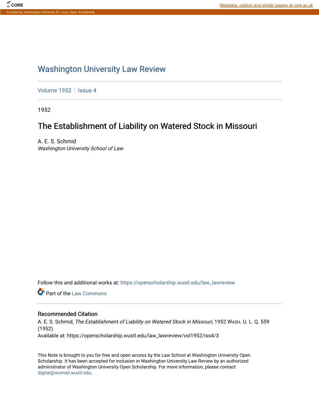 The Establishment of Liability on Watered Stock in Missouri