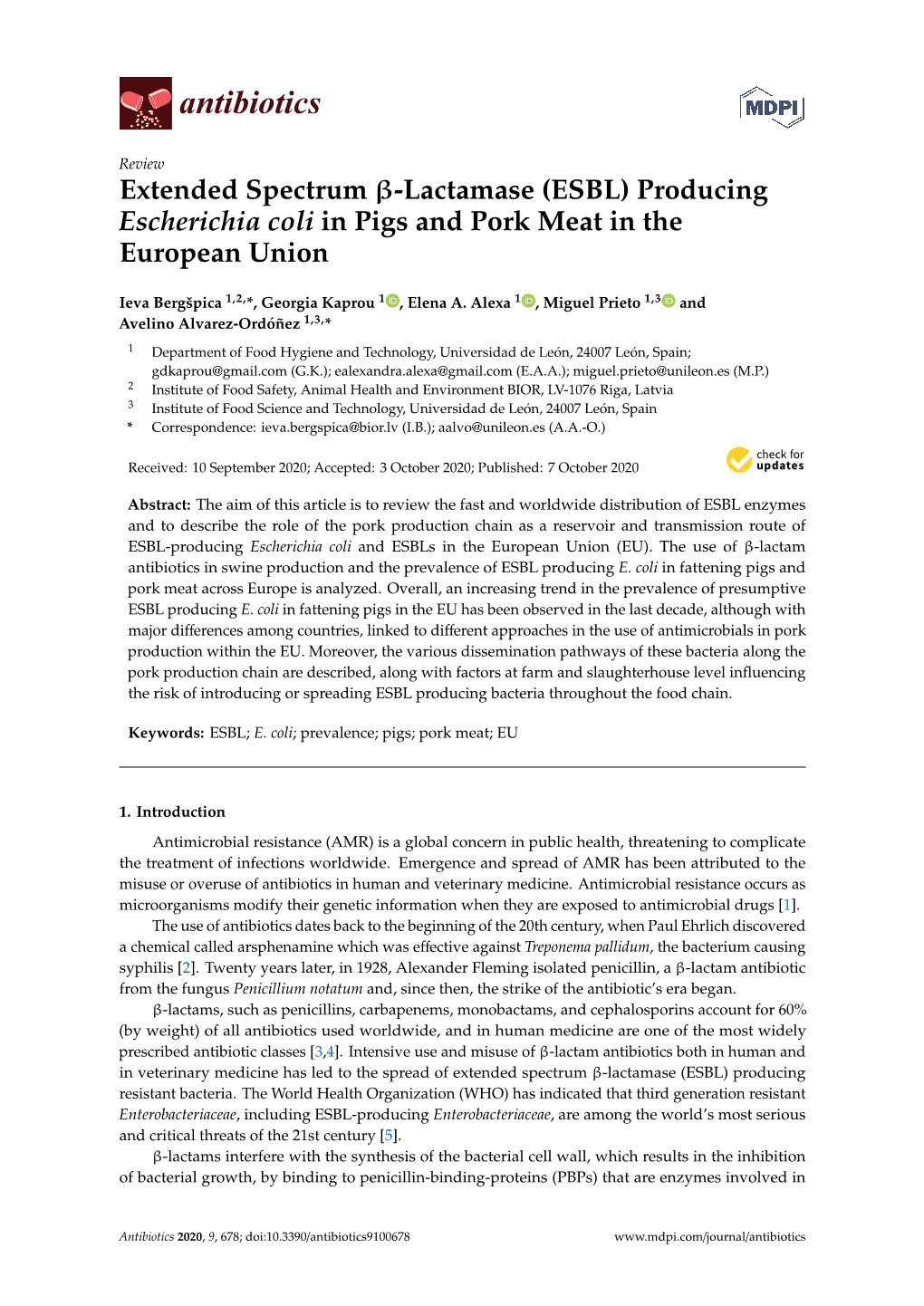 Extended Spectrum Β-Lactamase (ESBL) Producing Escherichia Coli in Pigs and Pork Meat in the European Union