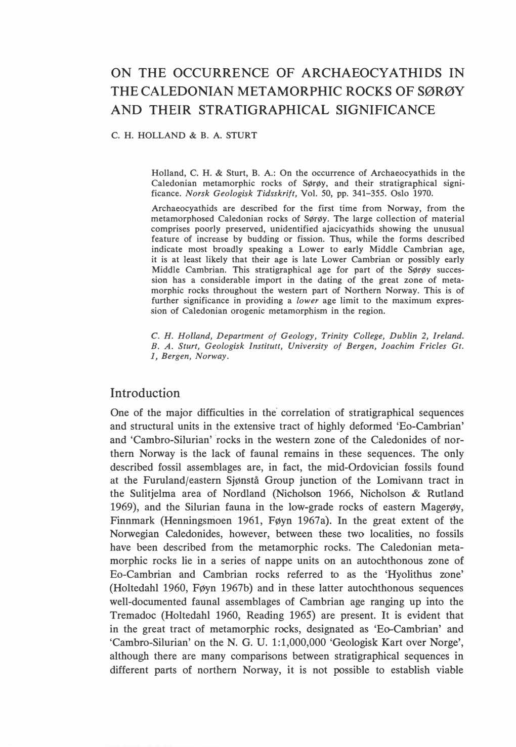 On the Occurrence of Archaeocyathids in the Caledonian Metamorphic Rocks of Sørøy and Their Stratigraphical Significance