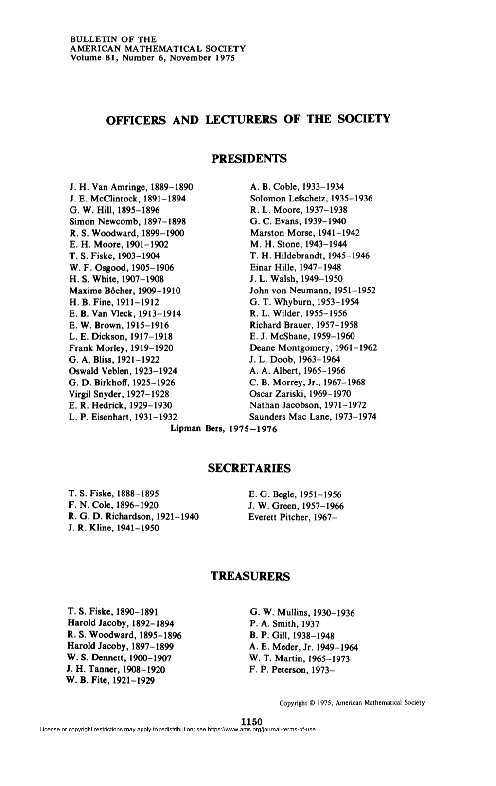 Officers and Lecturers of the Society Presidents Secretaries Treasurers