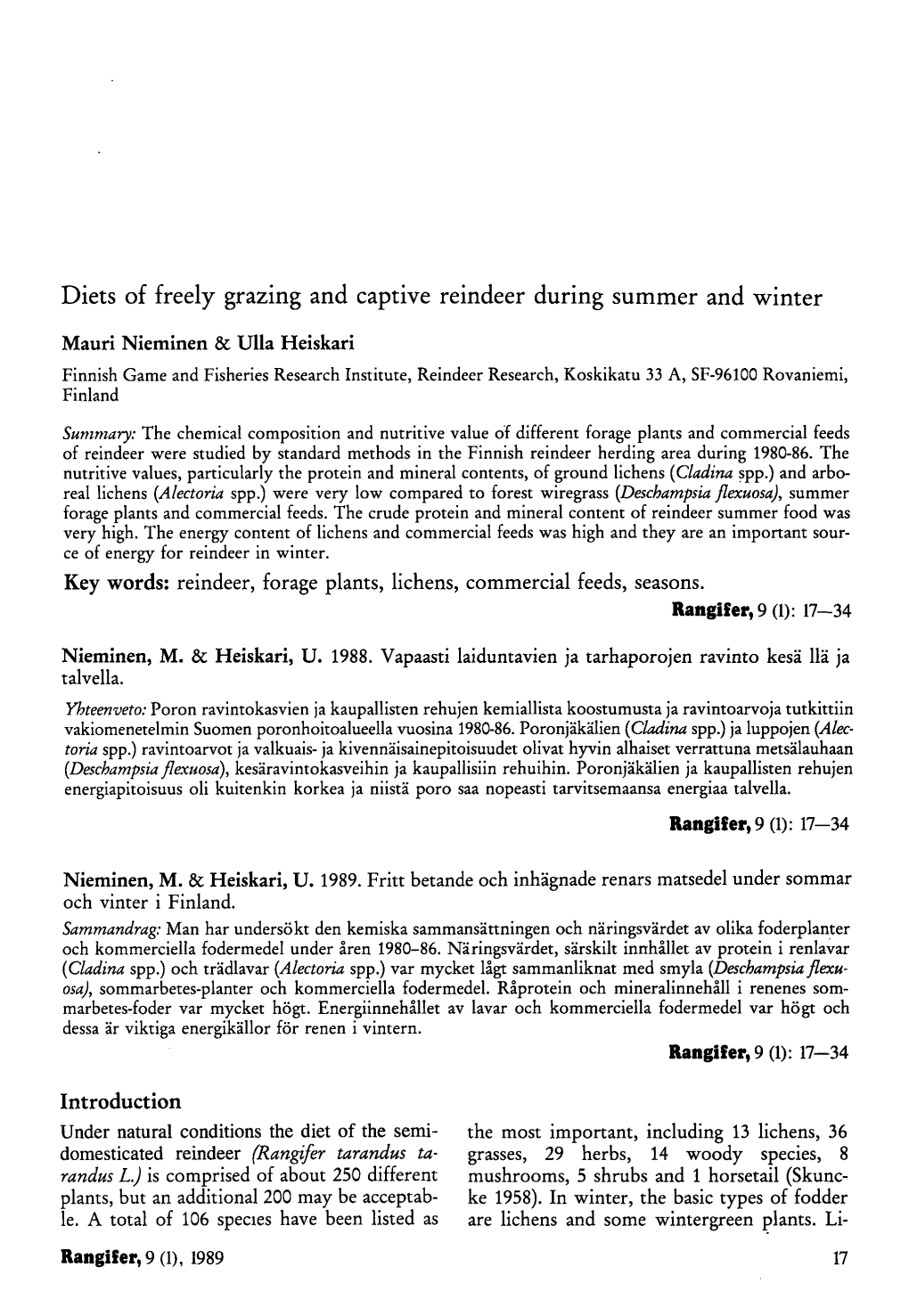 Diets of Freely Grazing and Captive Reindeer During Summer and Winter