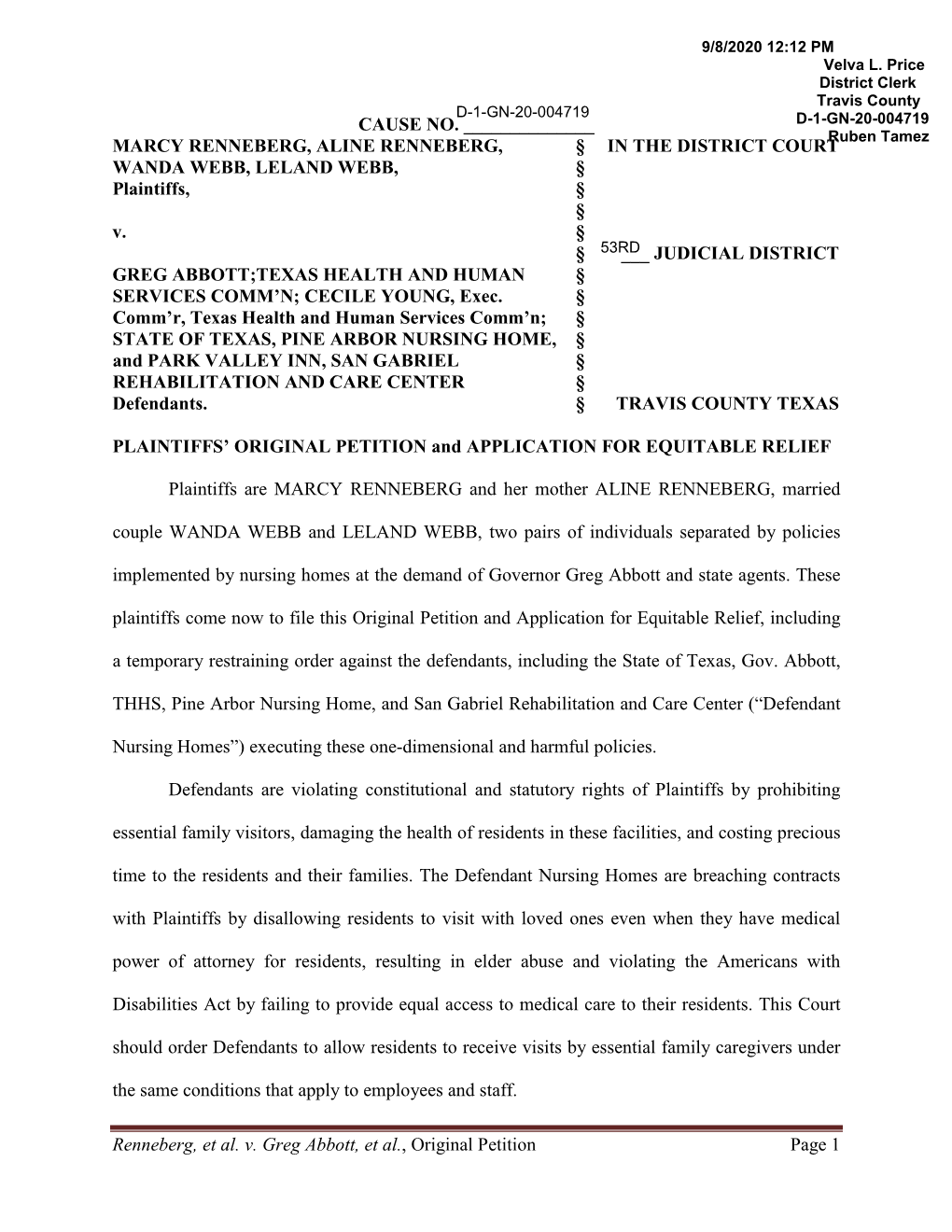 Renneberg, Et Al. V. Greg Abbott, Et Al., Original Petition Page 1