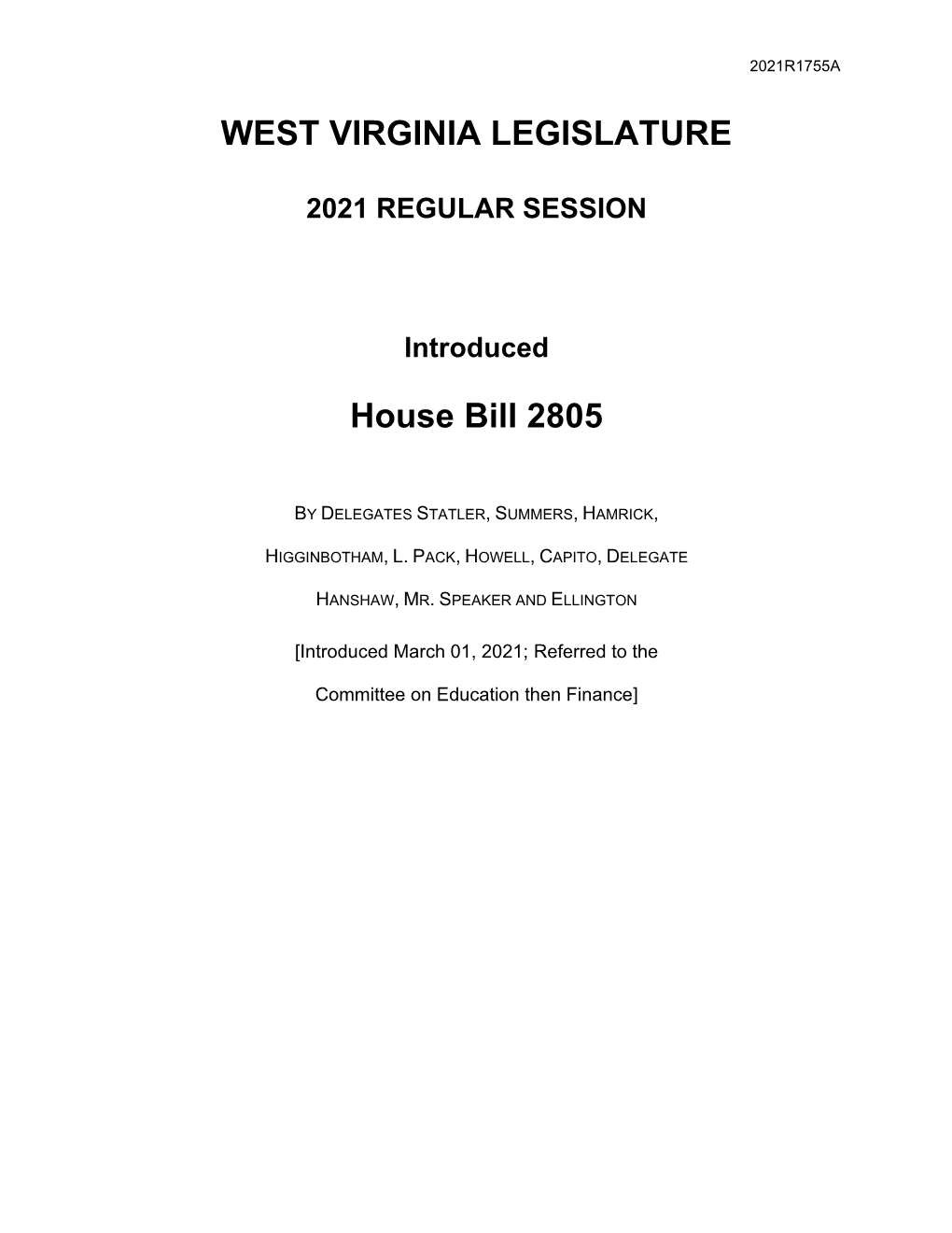 WEST VIRGINIA LEGISLATURE House Bill 2805