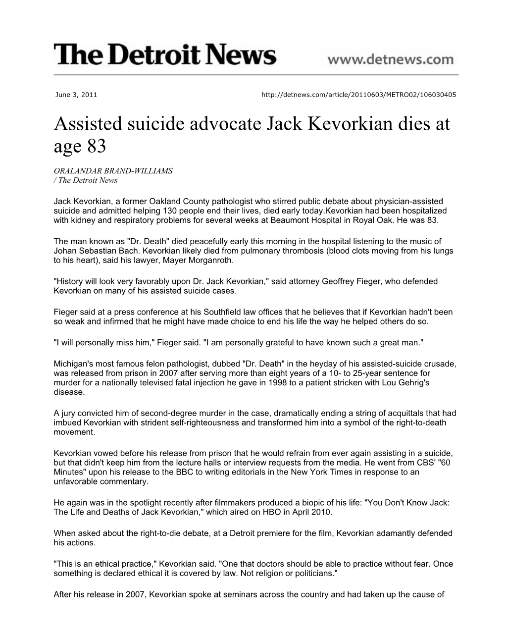 Assisted Suicide Advocate Jack Kevorkian Dies At