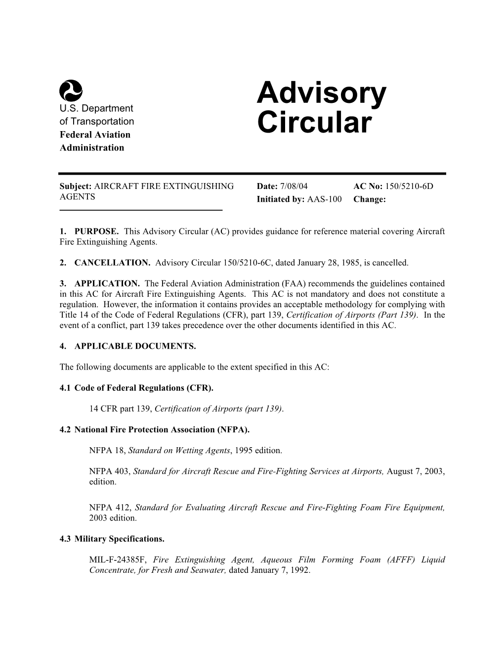 AC 150/5210-6D, Aircraft Fire Extinguishing Agents