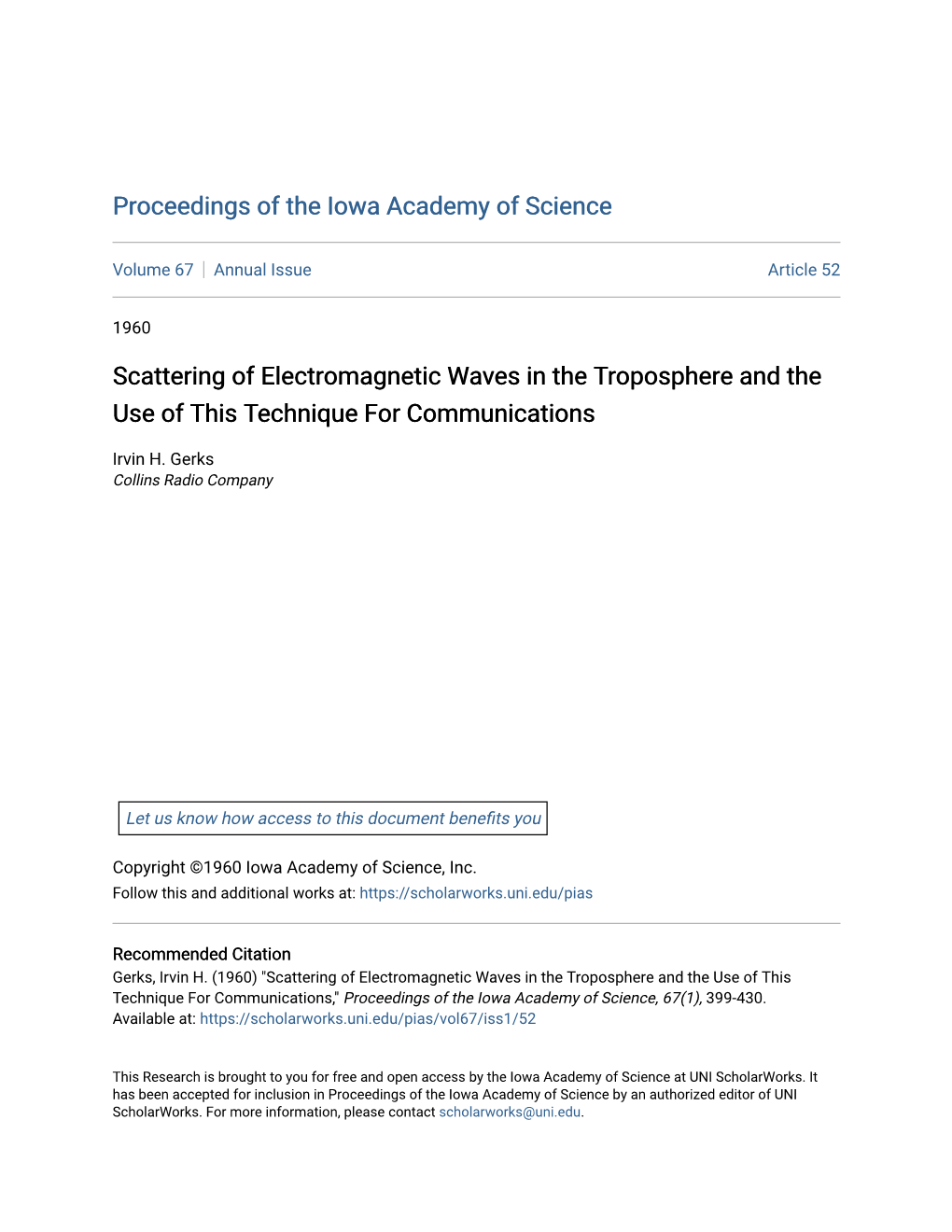 Scattering of Electromagnetic Waves in the Troposphere and the Use of This Technique for Communications