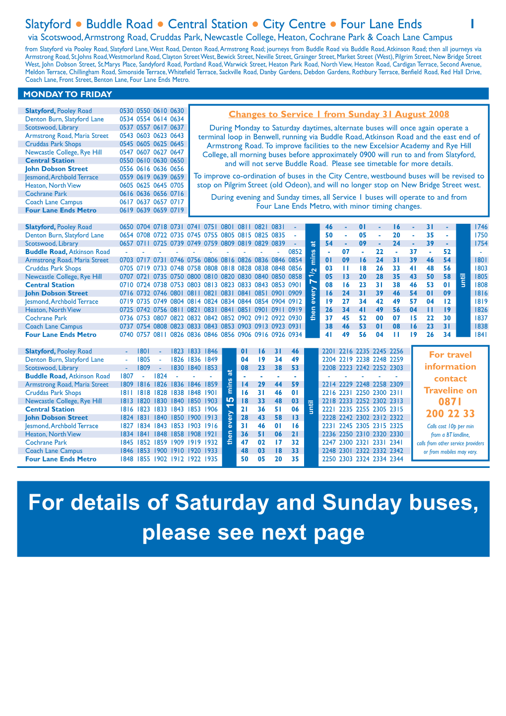 For Details of Saturday and Sunday Buses, Please See Next Page SATURDAY