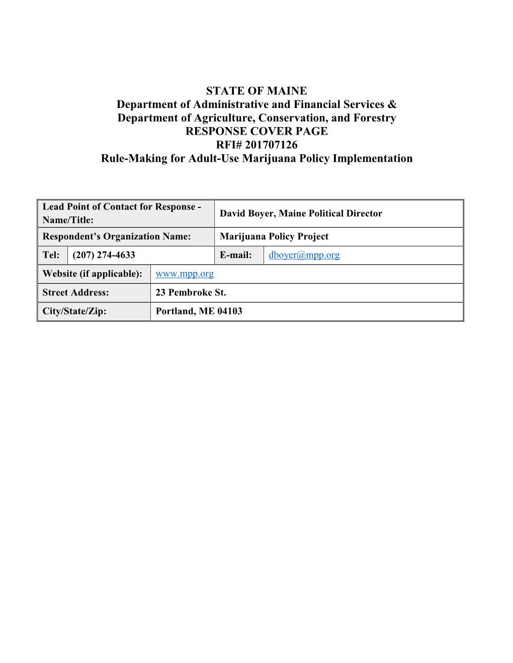 STATE of MAINE Department of Administrative and Financial Services & Department of Agriculture, Conservation, and Forestry