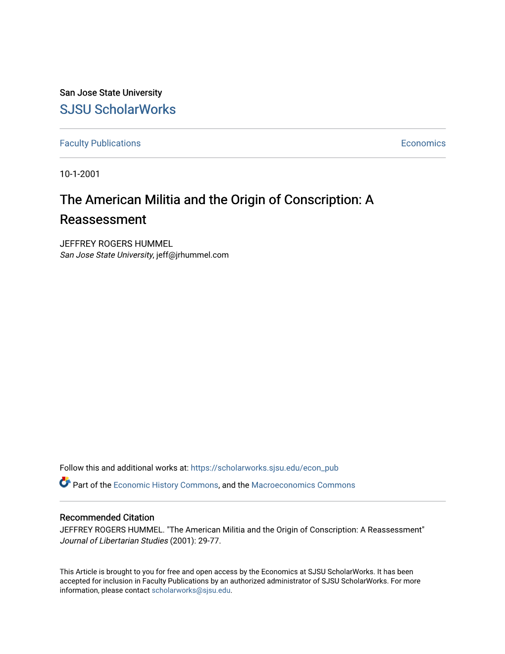 The American Militia and the Origin of Conscription: a Reassessment