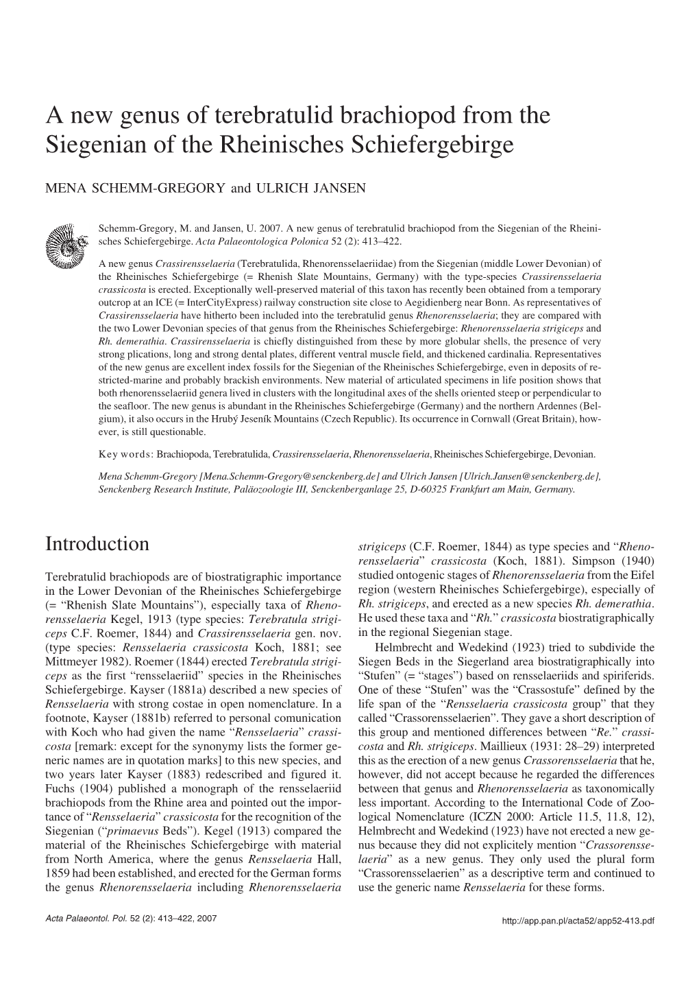 A New Genus of Terebratulid Brachiopod from the Siegenian of the Rheinisches Schiefergebirge