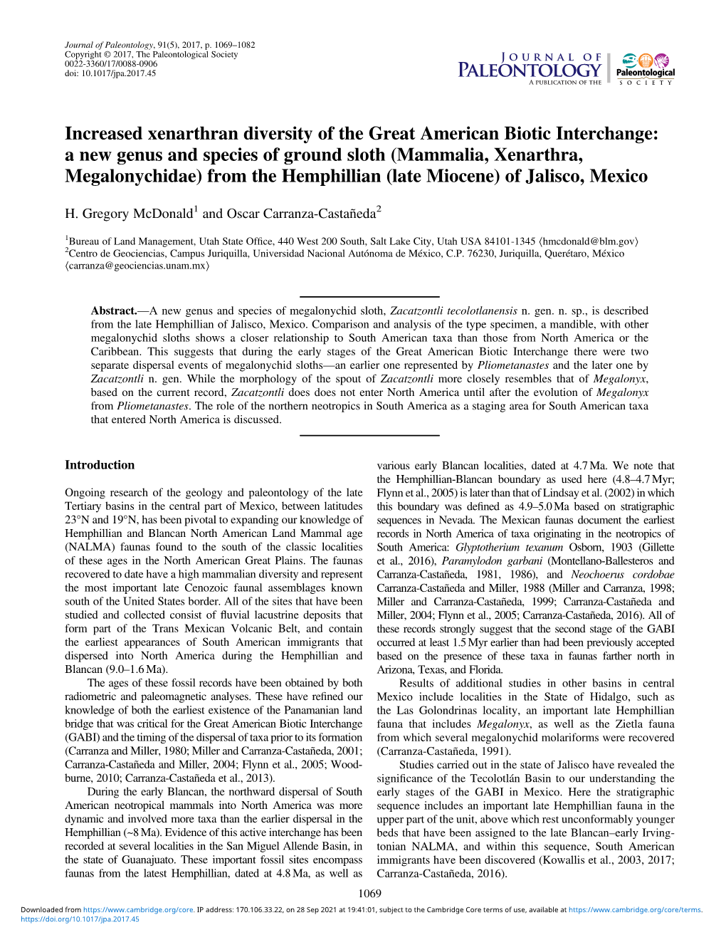 A New Genus and Species of Ground Sloth (Mammalia, Xenarthra, Megalonychidae) from the Hemphillian (Late Miocene) of Jalisco, Mexico