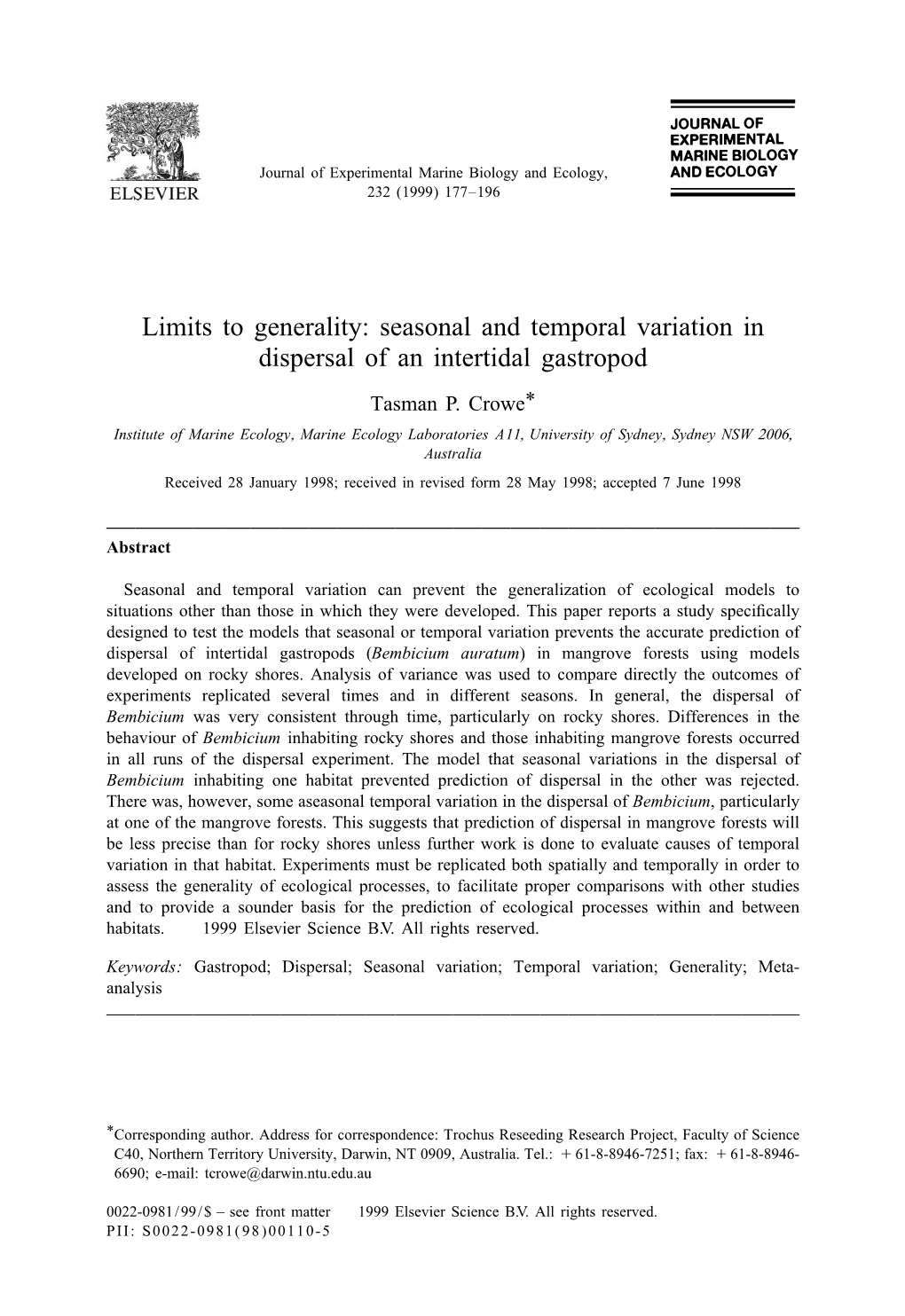 Seasonal and Temporal Variation in Dispersal of an Intertidal Gastropod