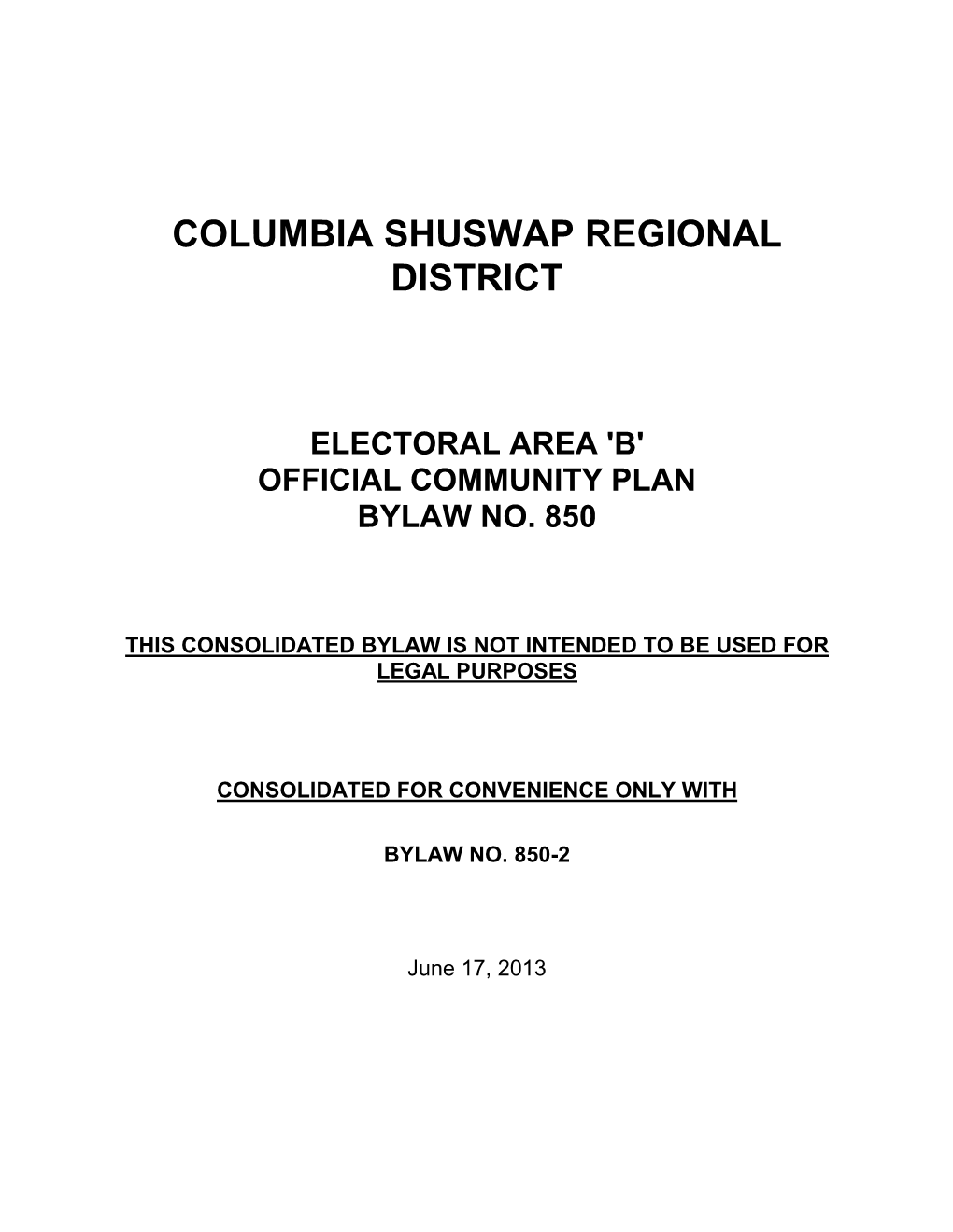 Electoral Area 'B' Official Community Plan Bylaw No. 850