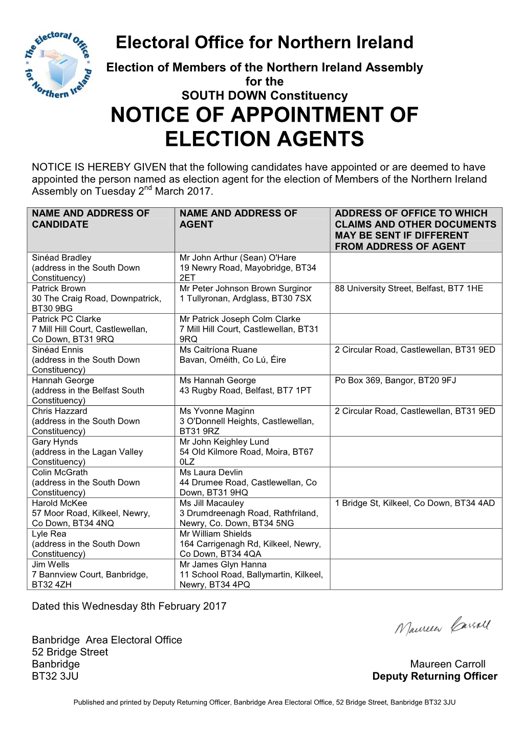 Notice of Appointment of Election Agents