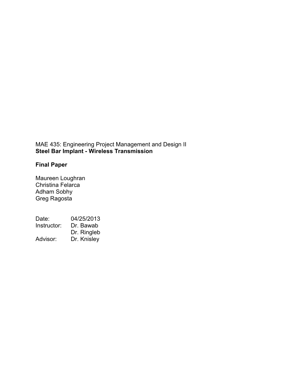 MAE 435: Engineering Project Management and Design II