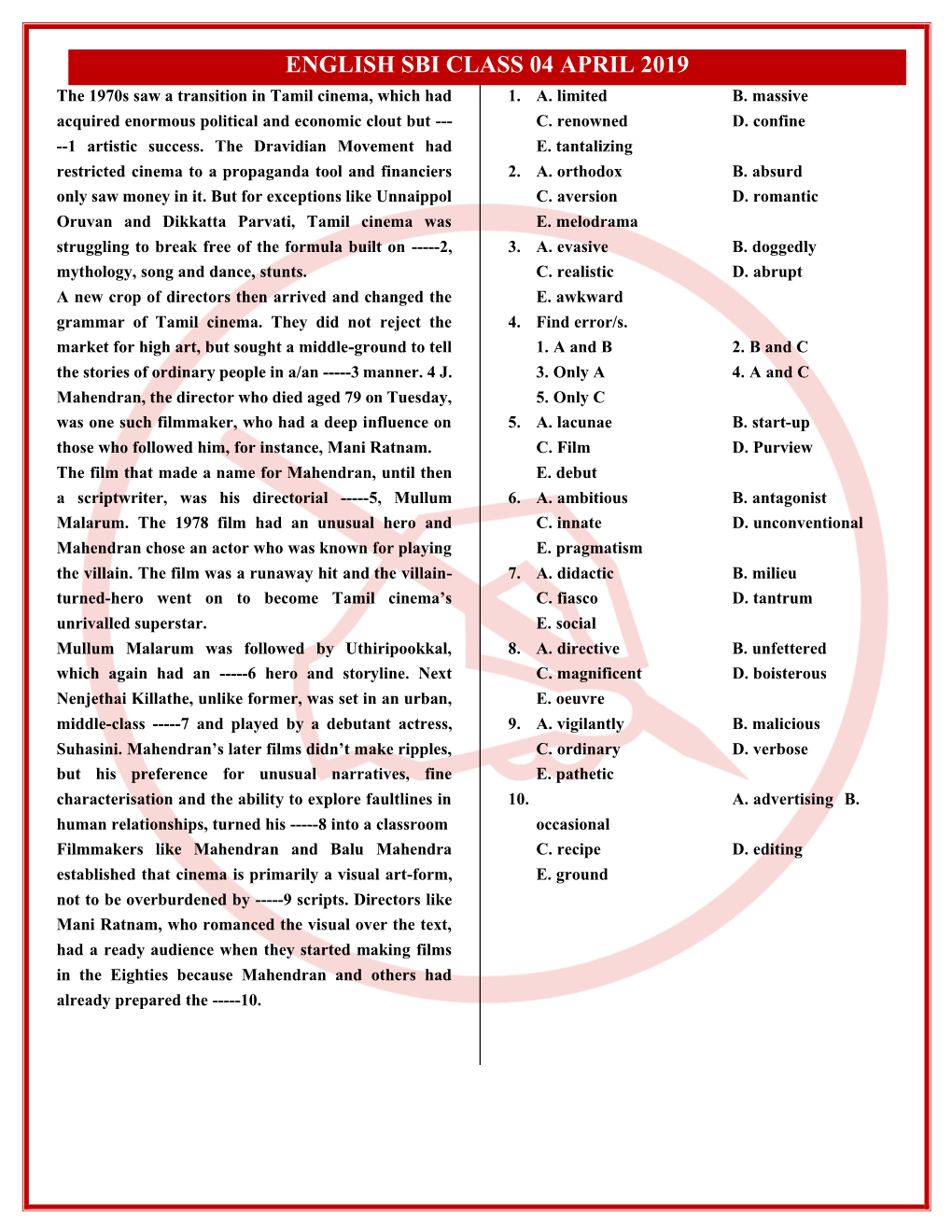 ENGLISH SBI CLASS 04 APRIL 2019 the 1970S Saw a Transition in Tamil Cinema, Which Had 1