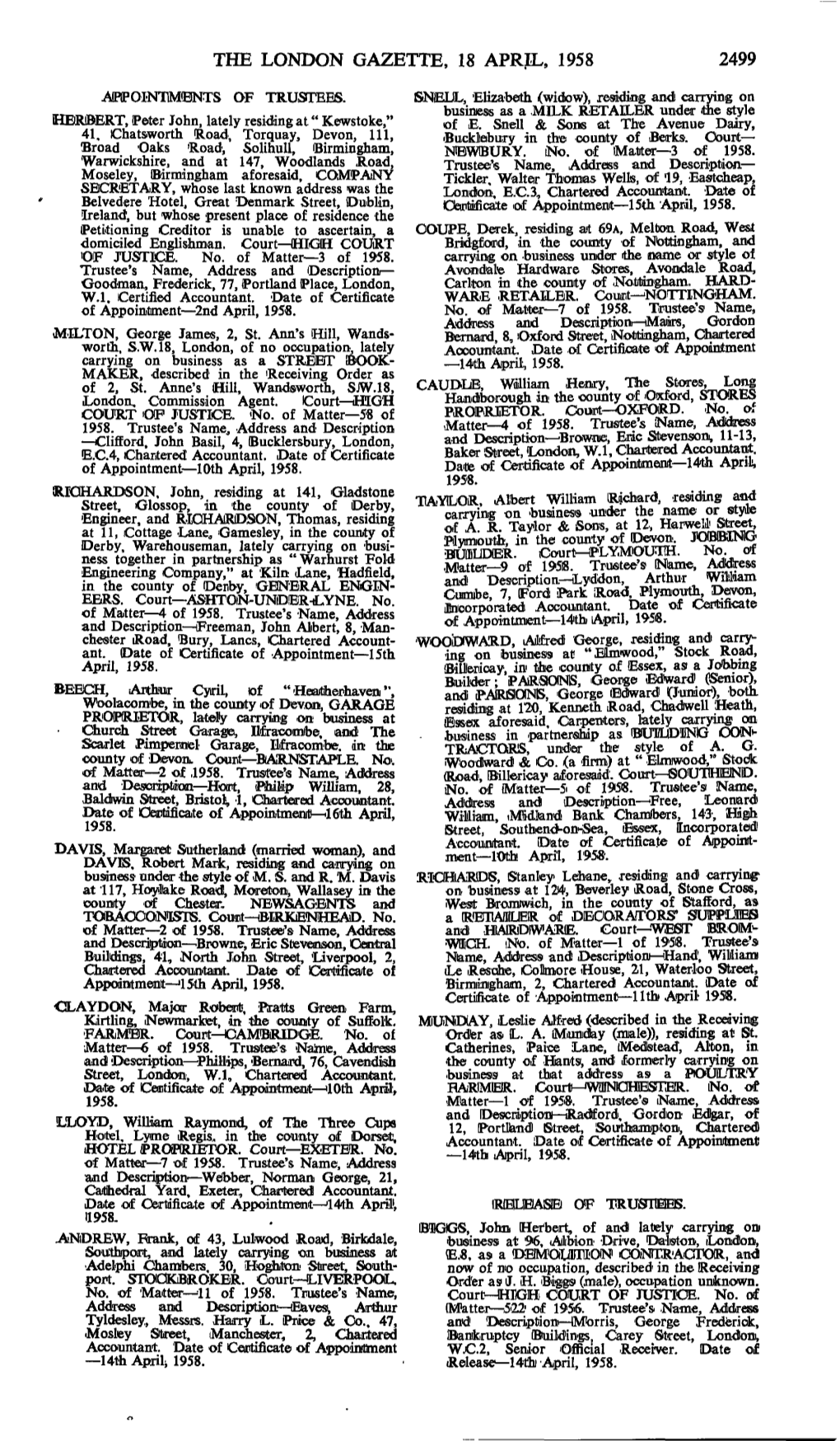 The London Gazette, 18 April, 1958 2499
