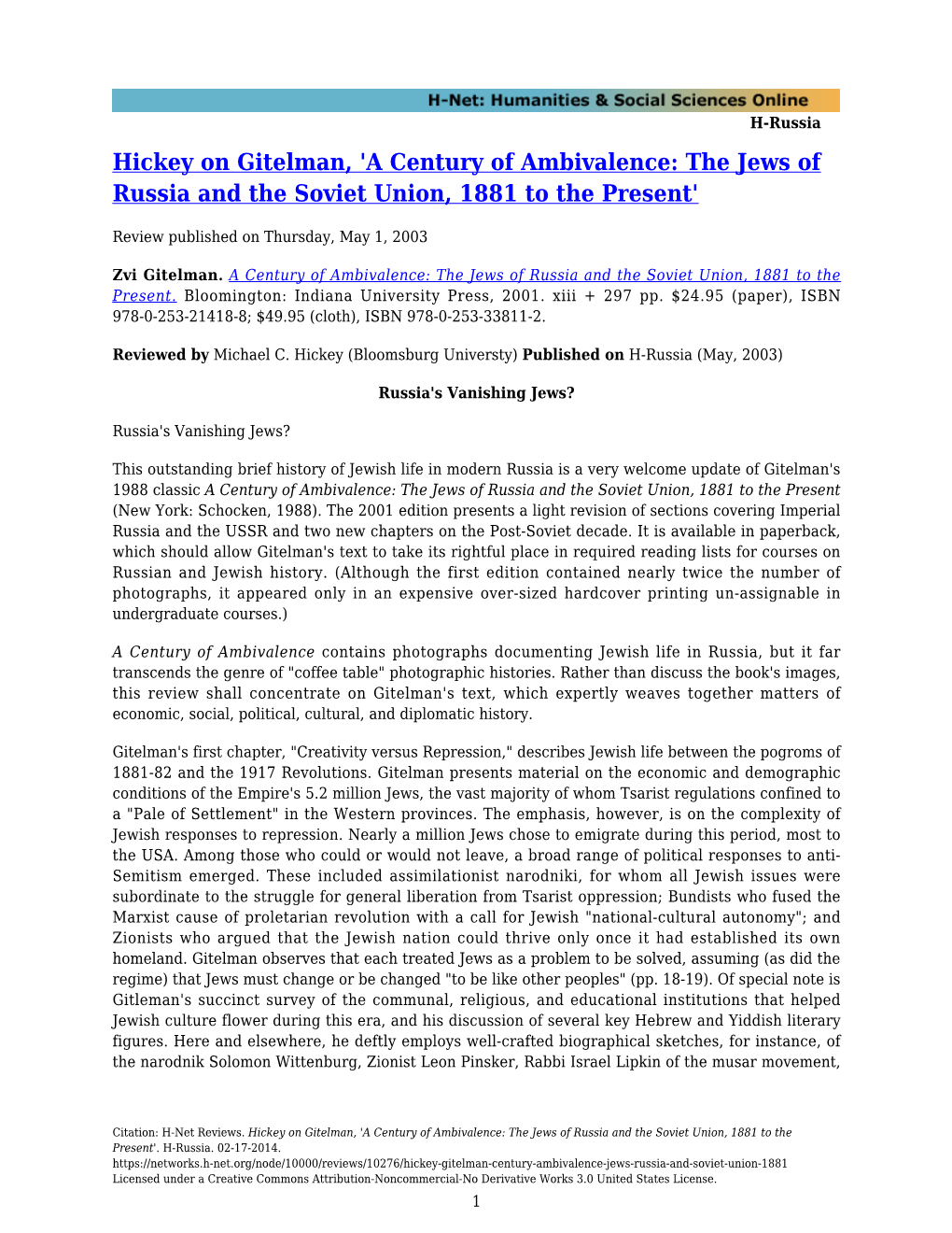 A Century of Ambivalence: the Jews of Russia and the Soviet Union, 1881 to the Present'