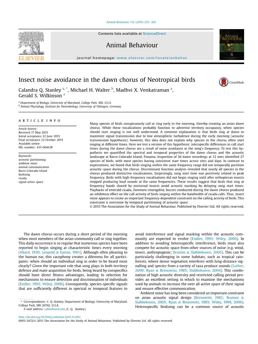 Insect Noise Avoidance in the Dawn Chorus of Neotropical Birds