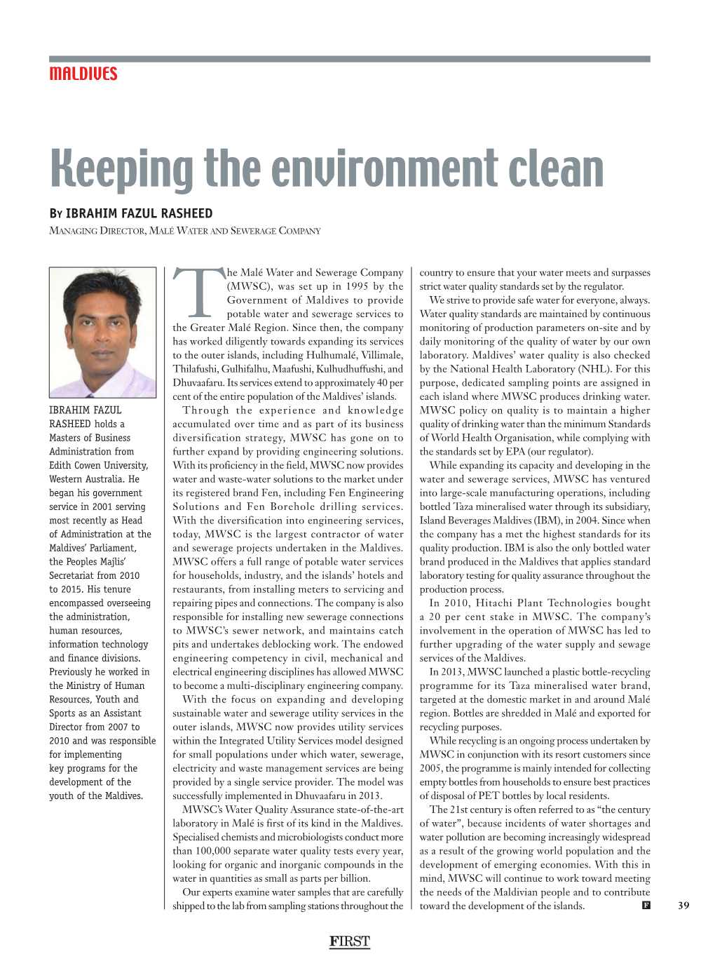 Keeping the Environment Clean by IBRAHIM FAZUL RASHEED Managing Director, Malé Water and Sewerage Company