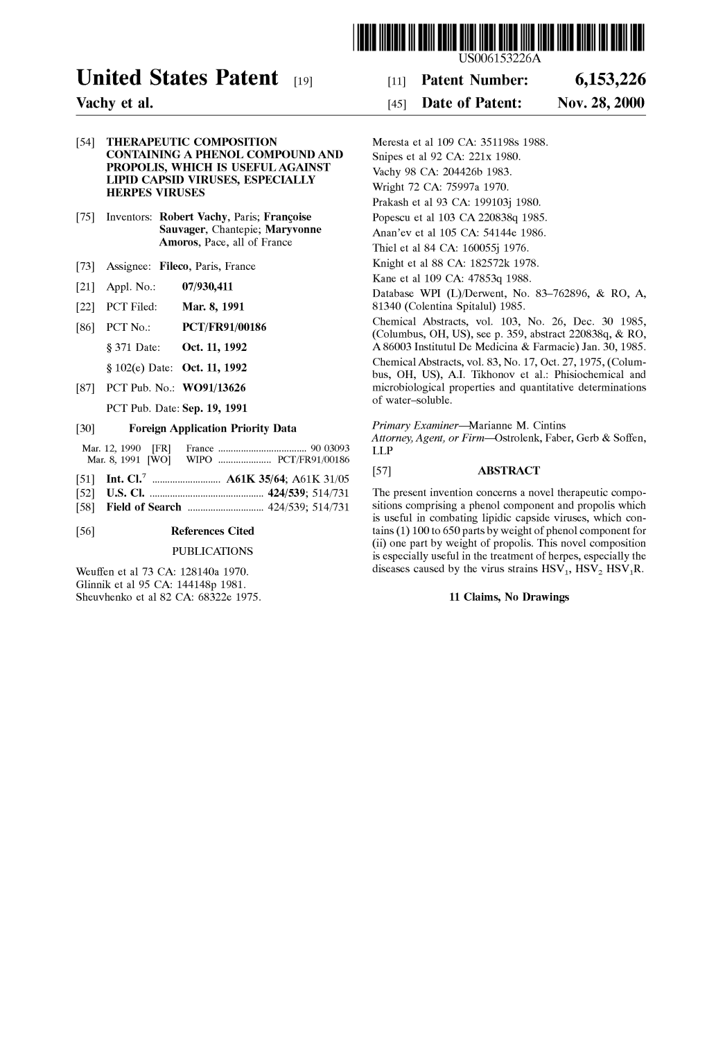 United States Patent (19) 11 Patent Number: 6,153,226 Vachy Et Al