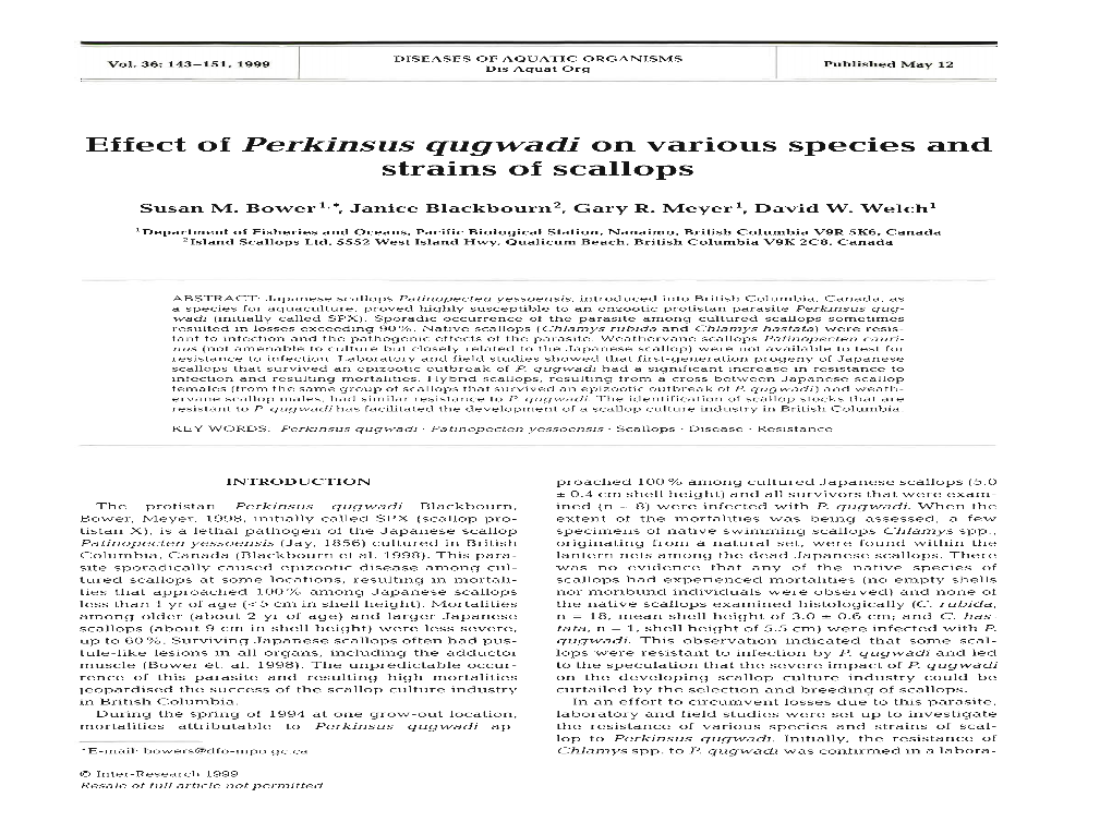 Effect of Perkinsus Qugwadi on Various Species and Strains of Scallops