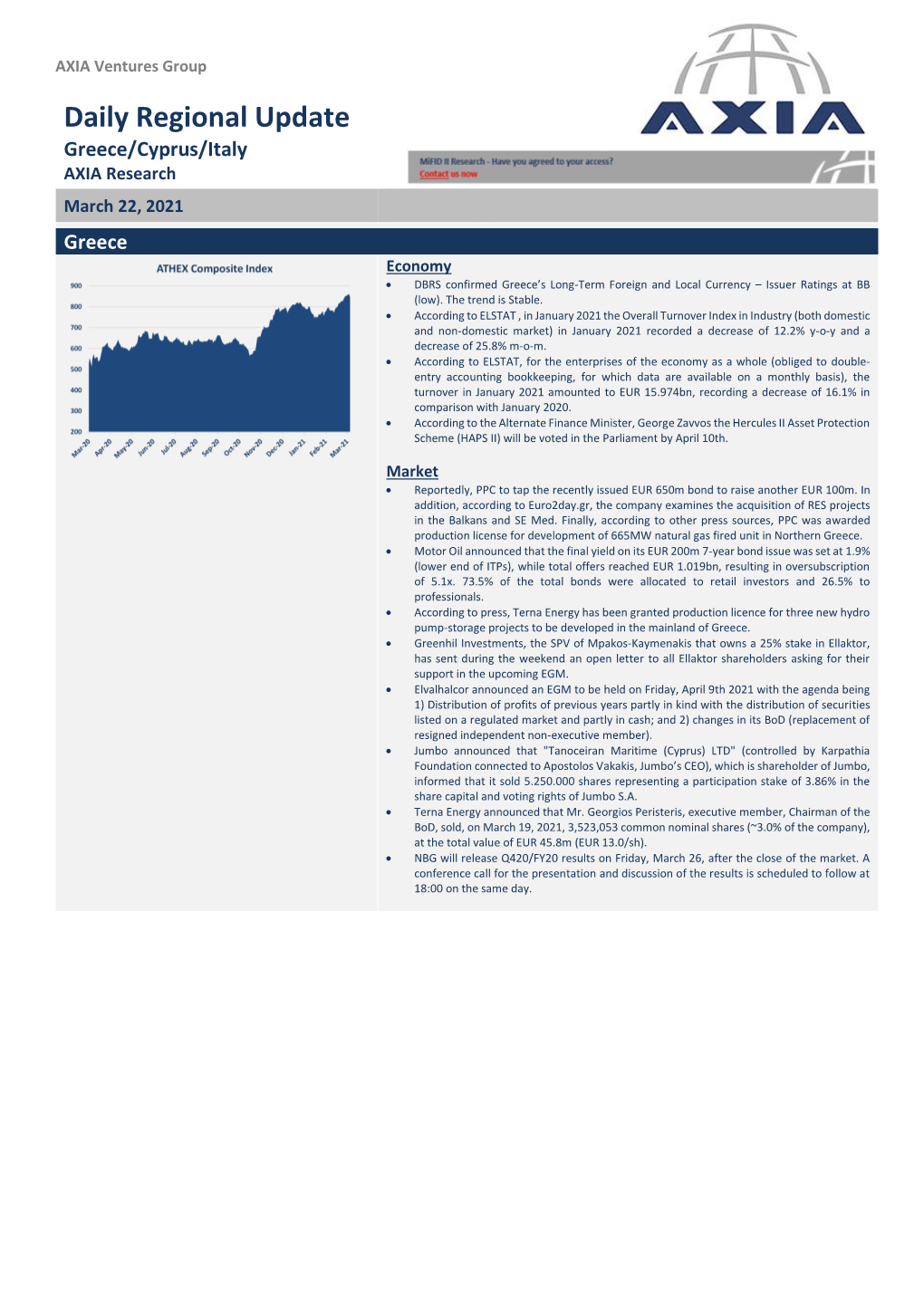 Daily Regional Update Greece/Cyprus/Italy AXIA Research March 22, 2021