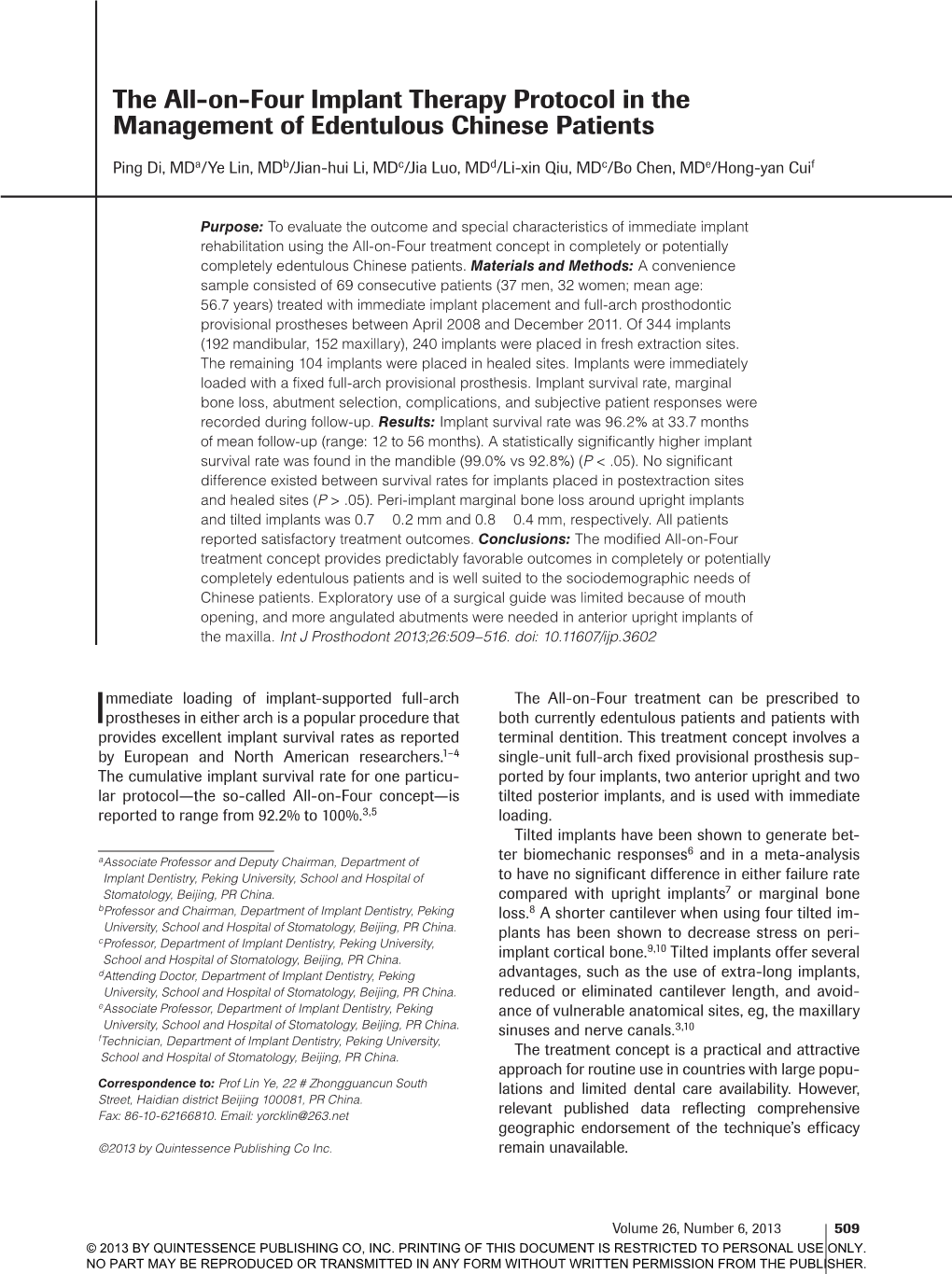 The All-On-Four Implant Therapy Protocol in the Management of Edentulous Chinese Patients