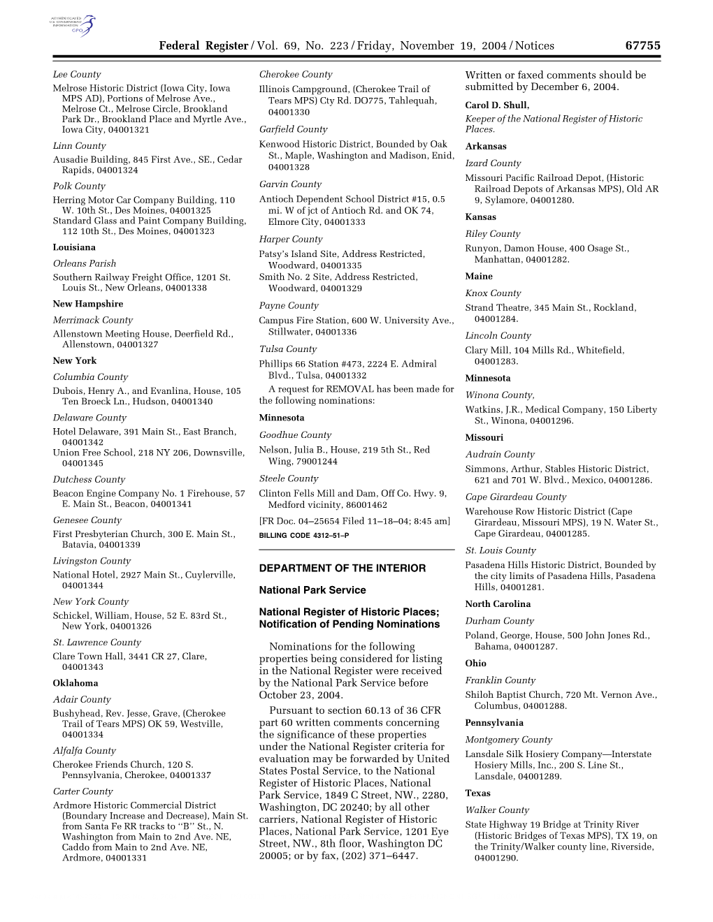 Federal Register/Vol. 69, No. 223/Friday, November 19, 2004