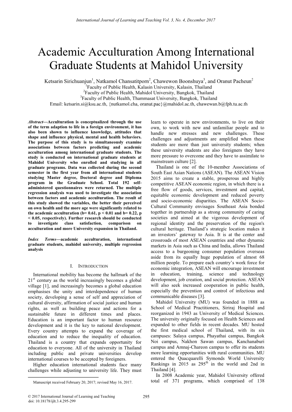 Academic Acculturation Among International Graduate Students at Mahidol University