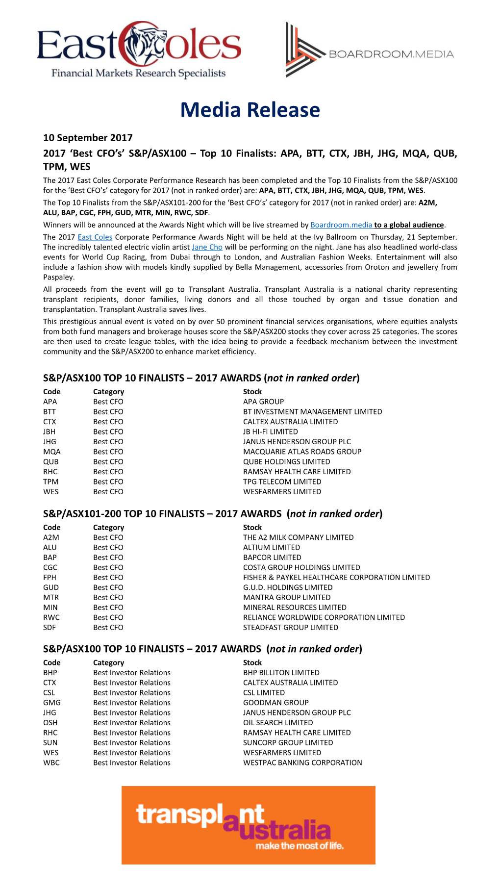 'Best CFO's' S&P/ASX100