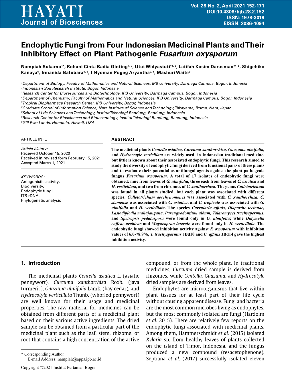 H a Y at I ISSN: 1978-3019 Journal of Biosciences EISSN: 2086-4094