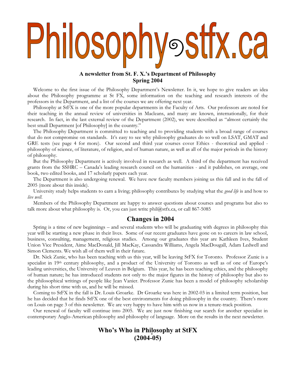 Changes in 2004 Who's Who in Philosophy at Stfx