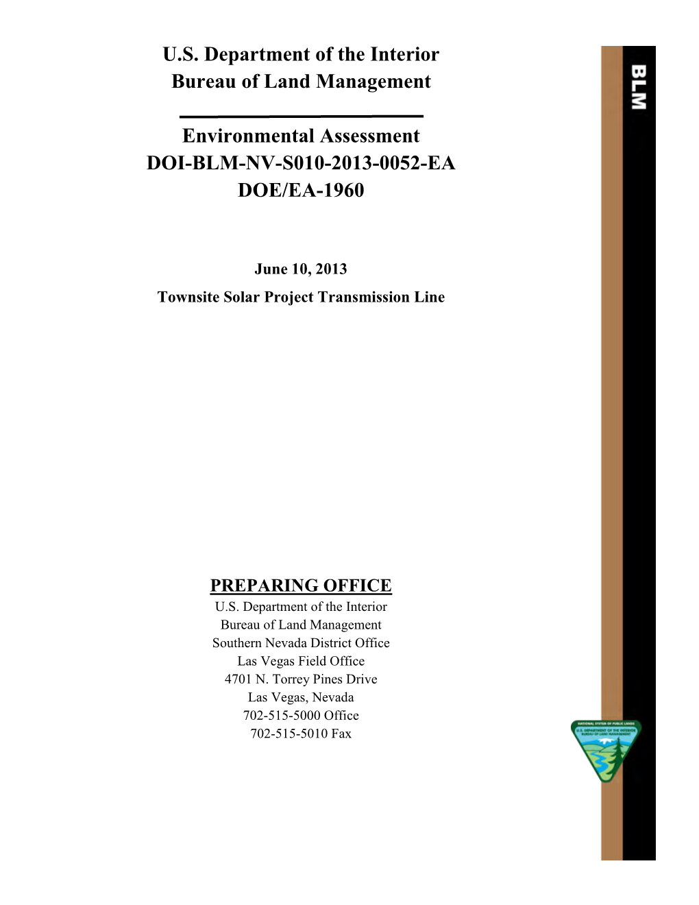 Environmental Assessment DOI-BLM-NV-S010-2013-0052-EA DOE/EA-1960