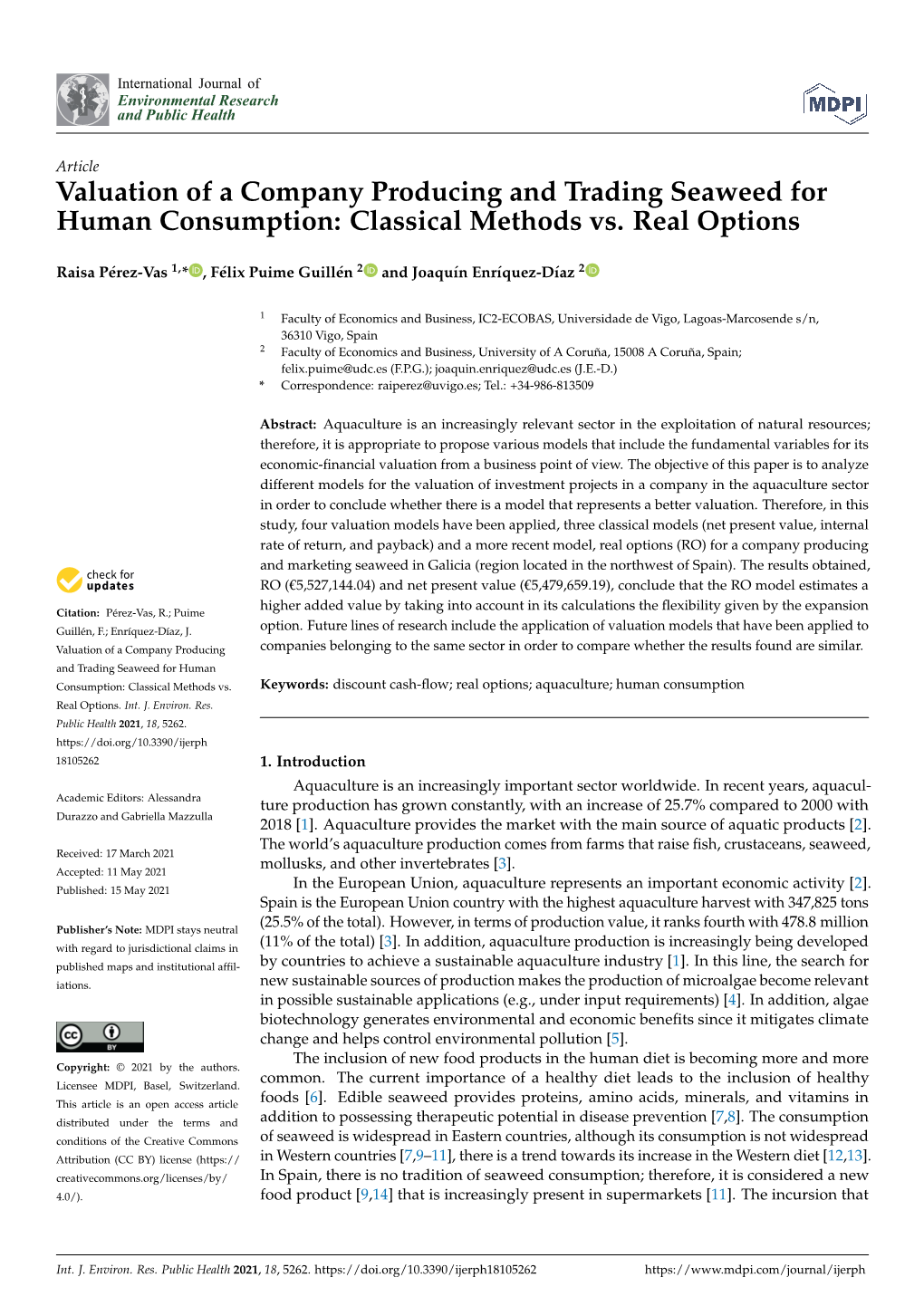 Valuation of a Company Producing and Trading Seaweed for Human Consumption: Classical Methods Vs