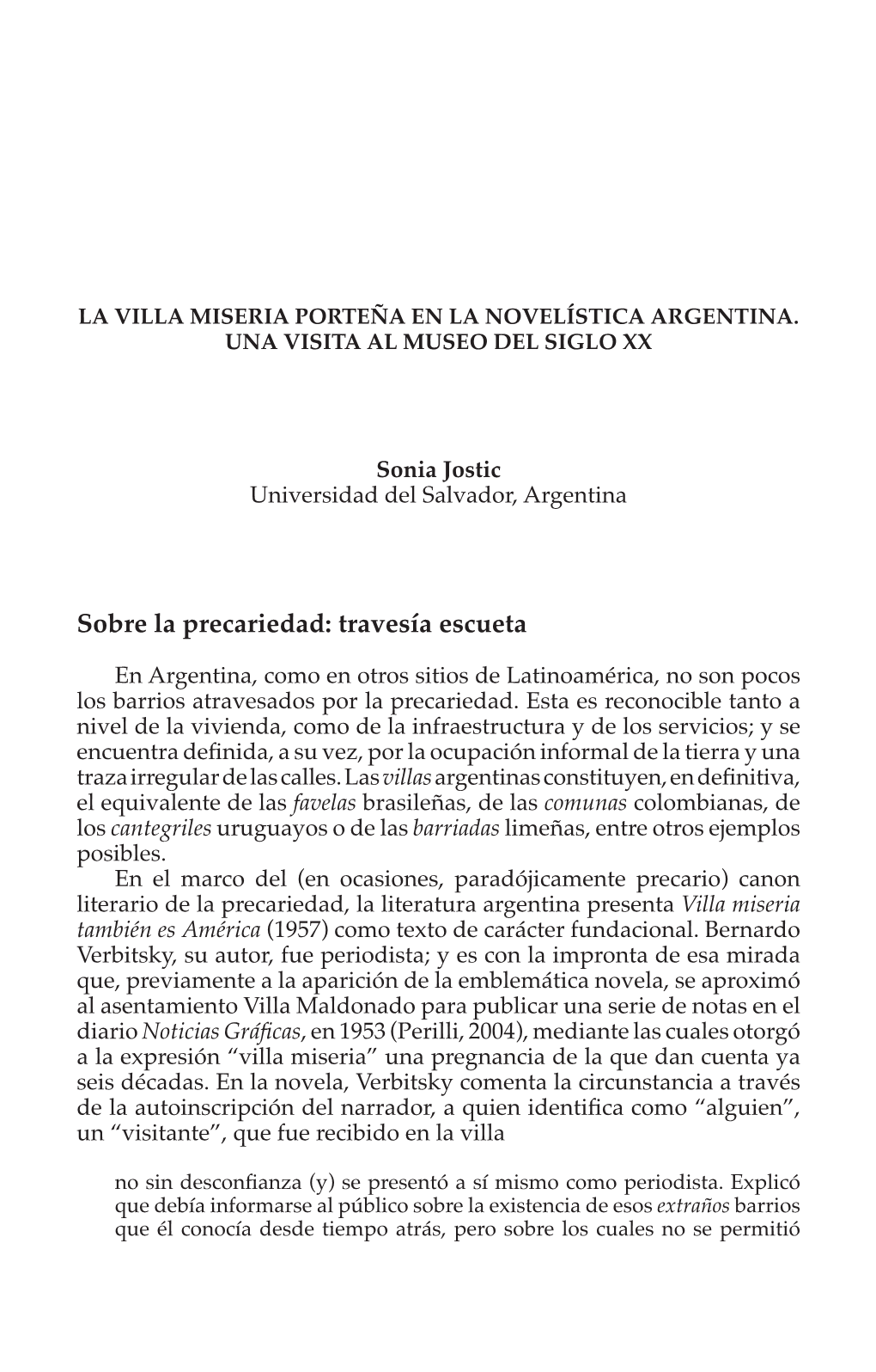 Pdf La Villa Miseria Porteña En La Novelística Argentina. Una Visita Al Museo Del Siglo XX