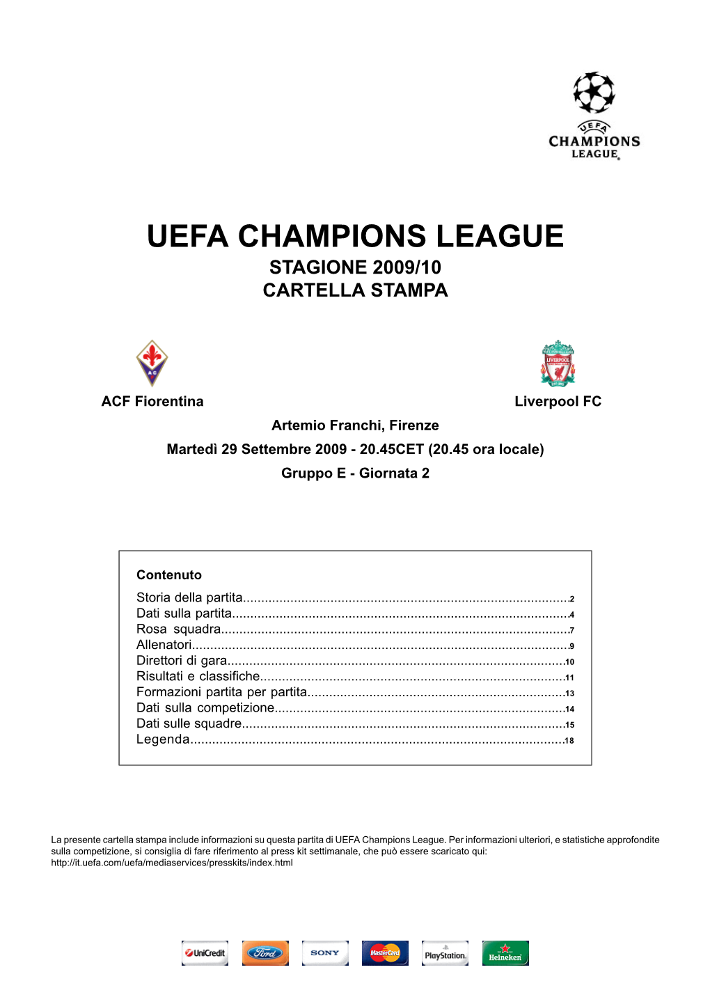 Uefa Champions League Stagione 2009/10 Cartella Stampa