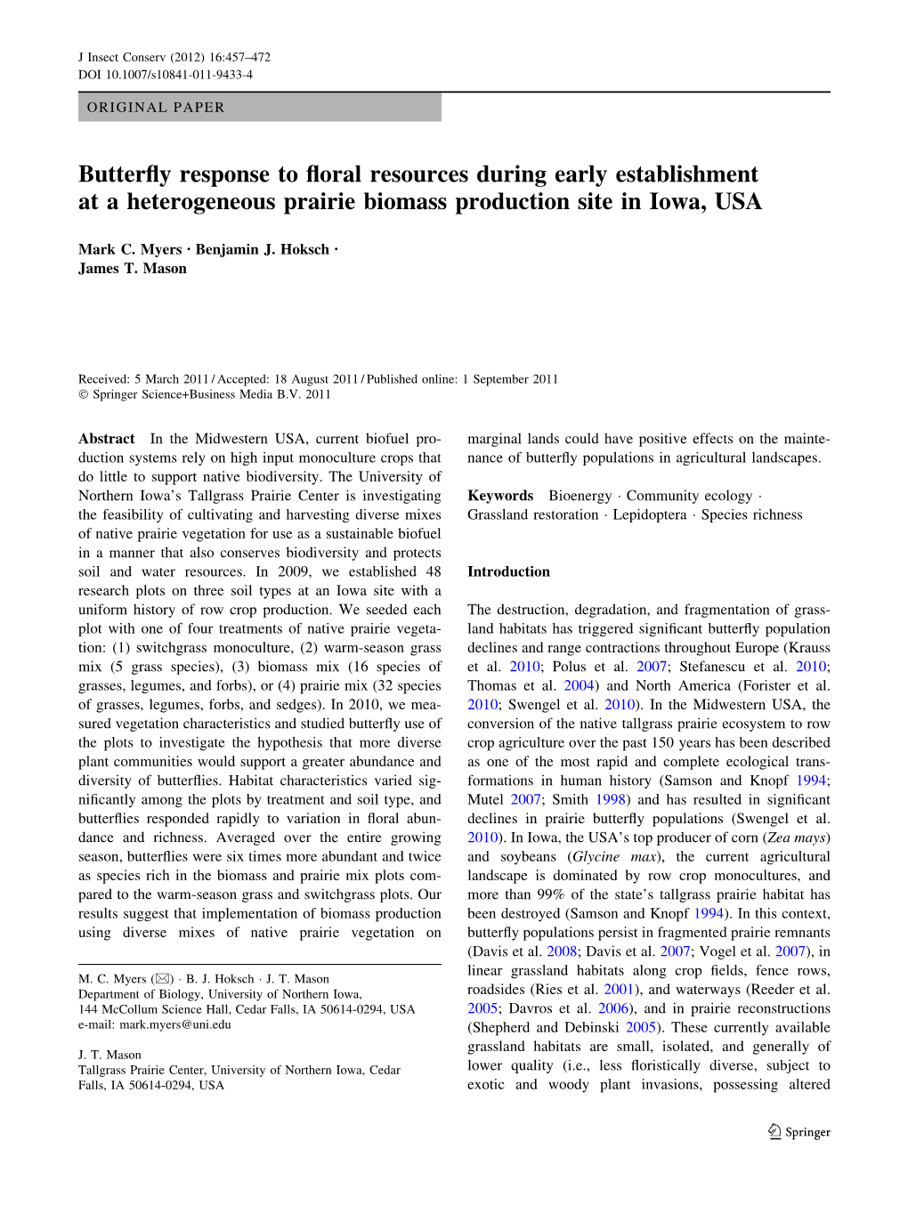 Butterfly Response to Floral Resources During Early Establishment at A