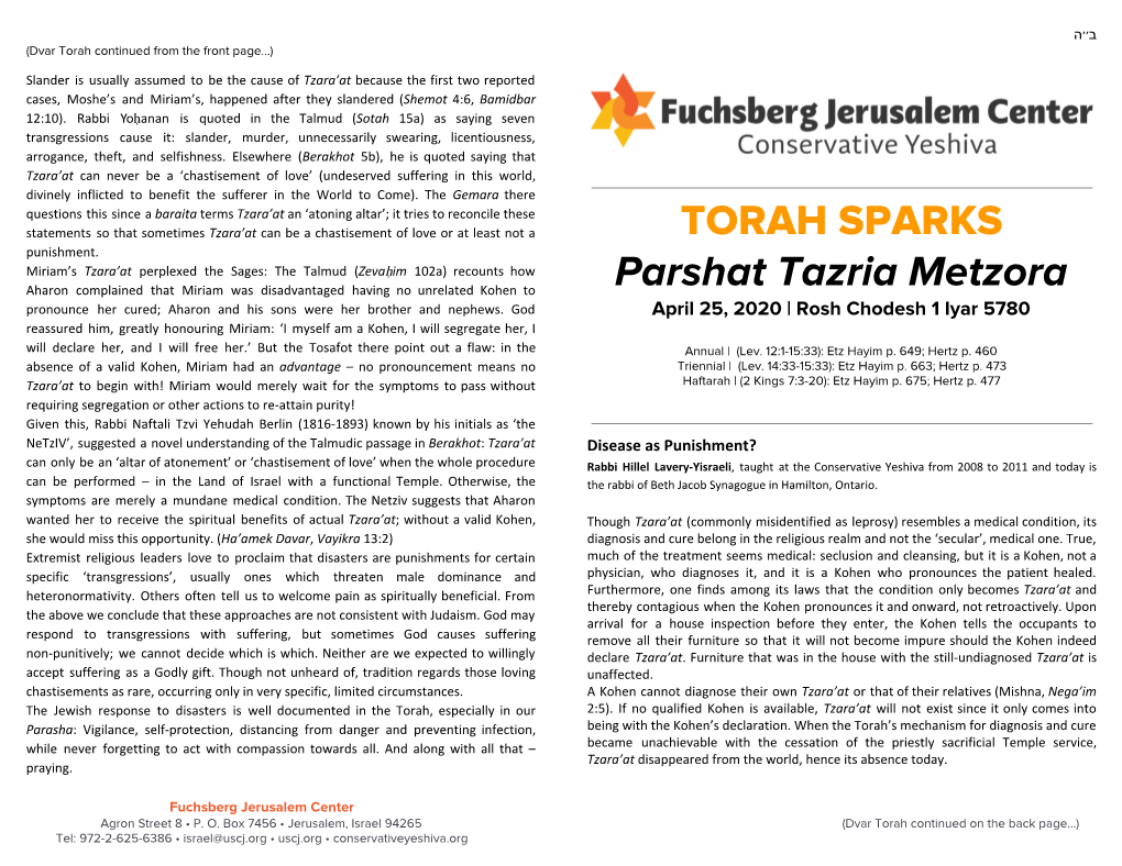 TORAH SPARKS Parshat Tazria Metzora