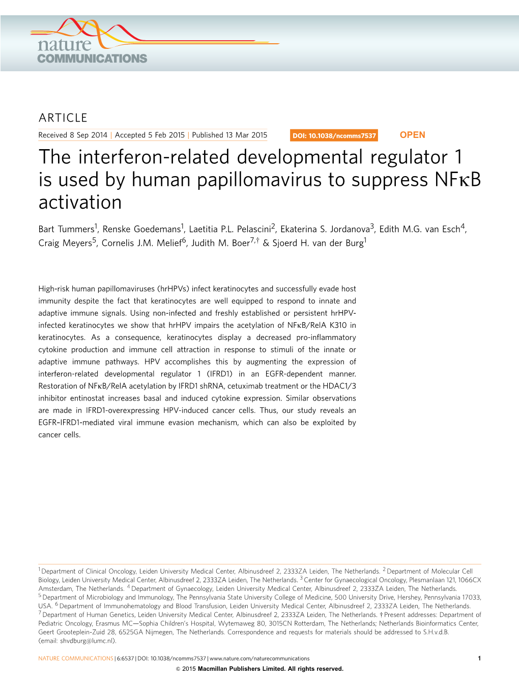 The Interferon-Related Developmental Regulator 1 Is Used by Human Papillomavirus to Suppress Nfkb Activation